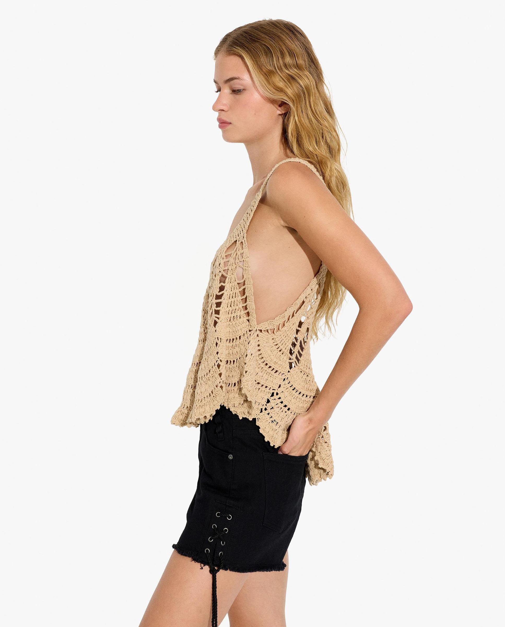 Top de mujer 100% algodón de punto de crochet en liso - Parfois - Natural Natural-3