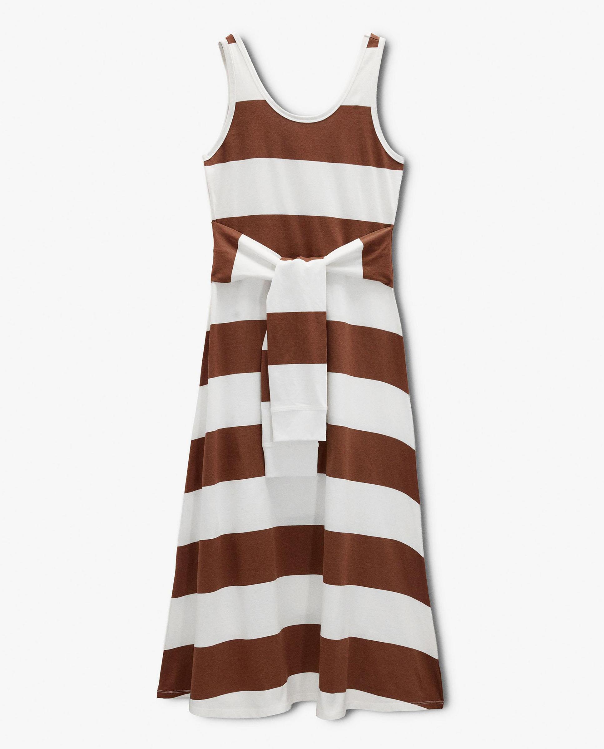 Vestido midi 100% algodón con estampado de rayas - Parfois - Marrón Marrón-6
