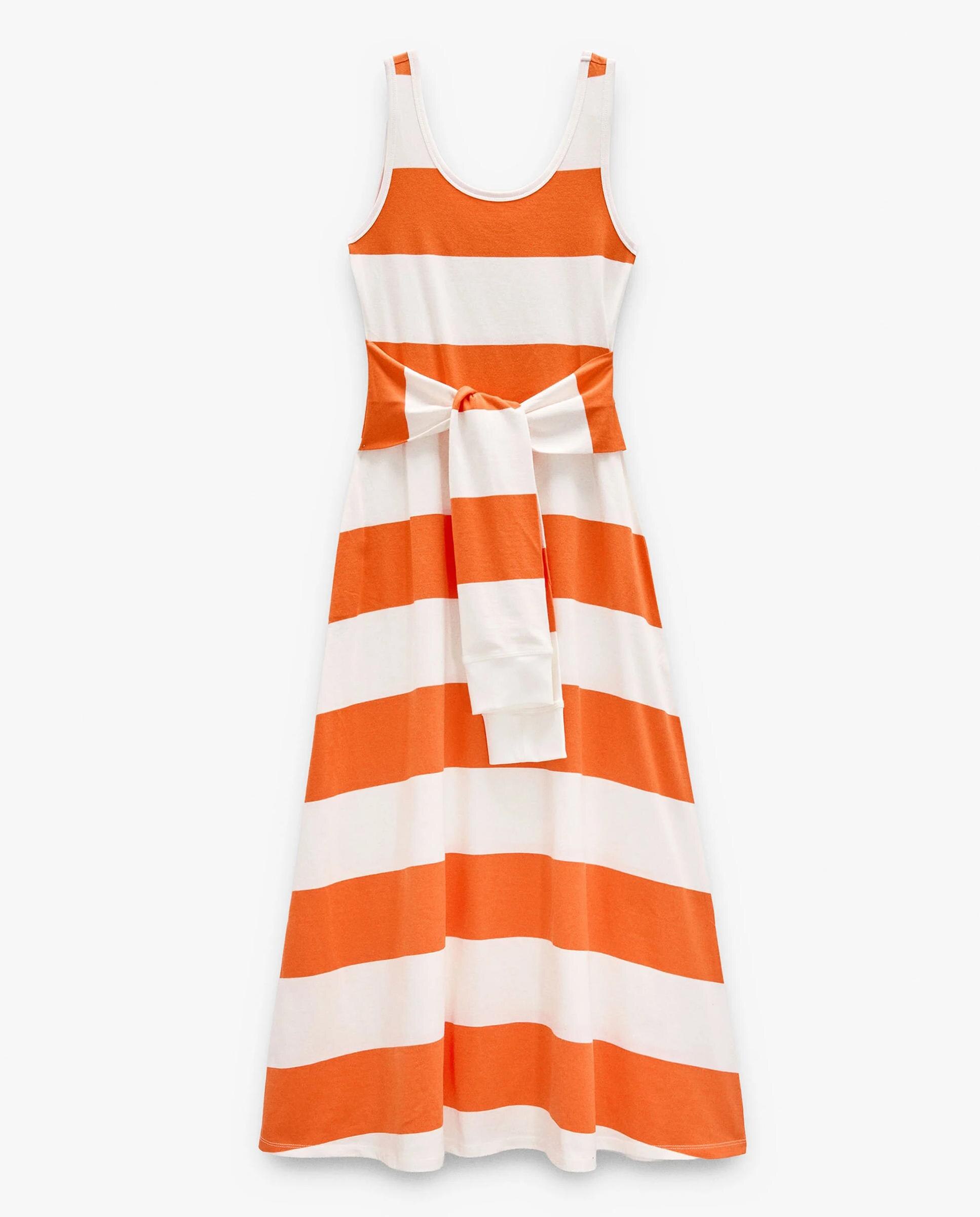 Vestido midi 100% algodón con estampado de rayas - Parfois - Naranja Naranja-6