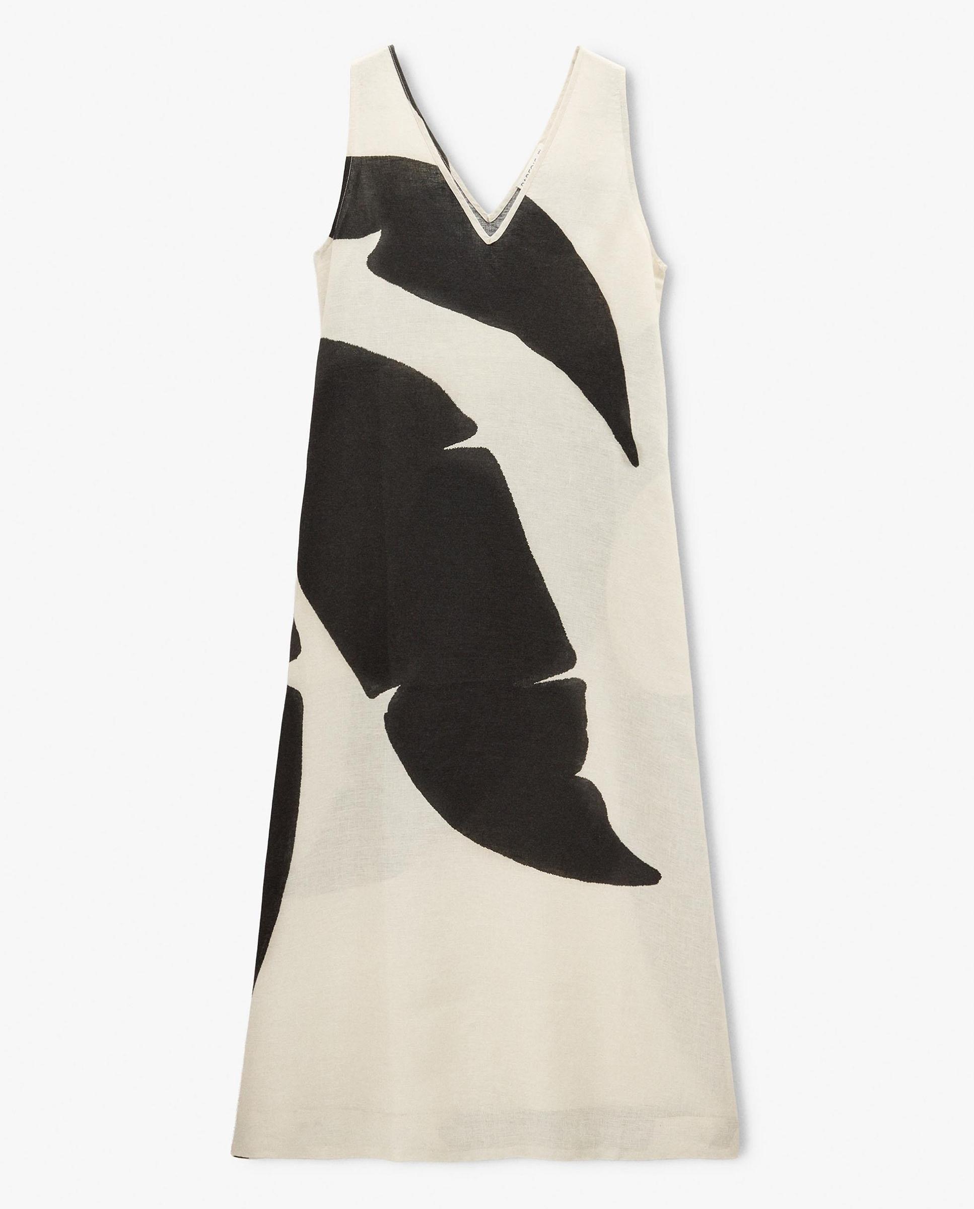 Vestido largo 100% lino con estampado de hojas - Parfois - Multicolor Multicolor-6