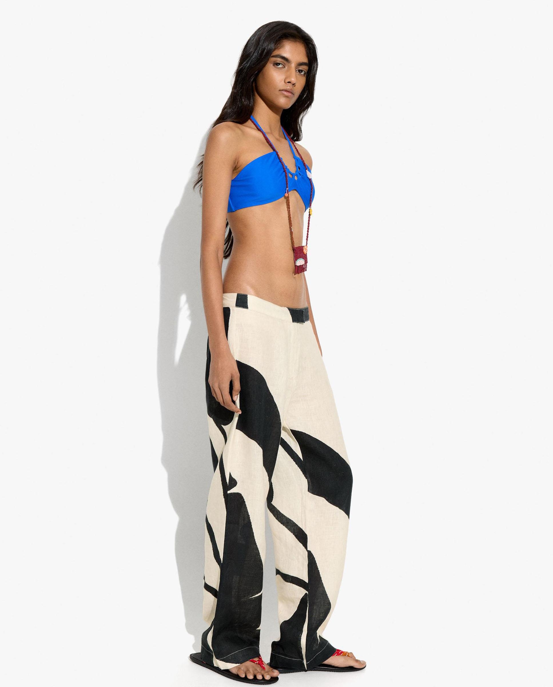 Parfois - Pantalones anchos de mujer 100% lino con estampado floral.