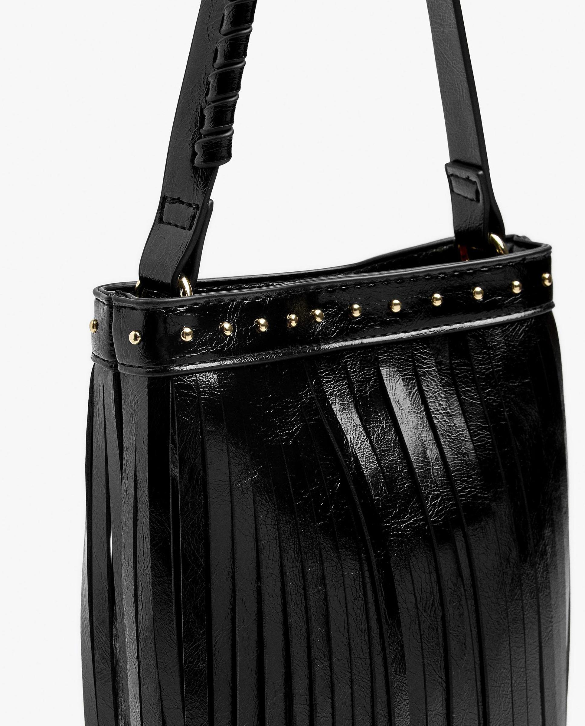 Bolso de hombro estilo bombonera con tachuelas y flecos con cierre imantado en liso - Parfois - Negro Negro-3