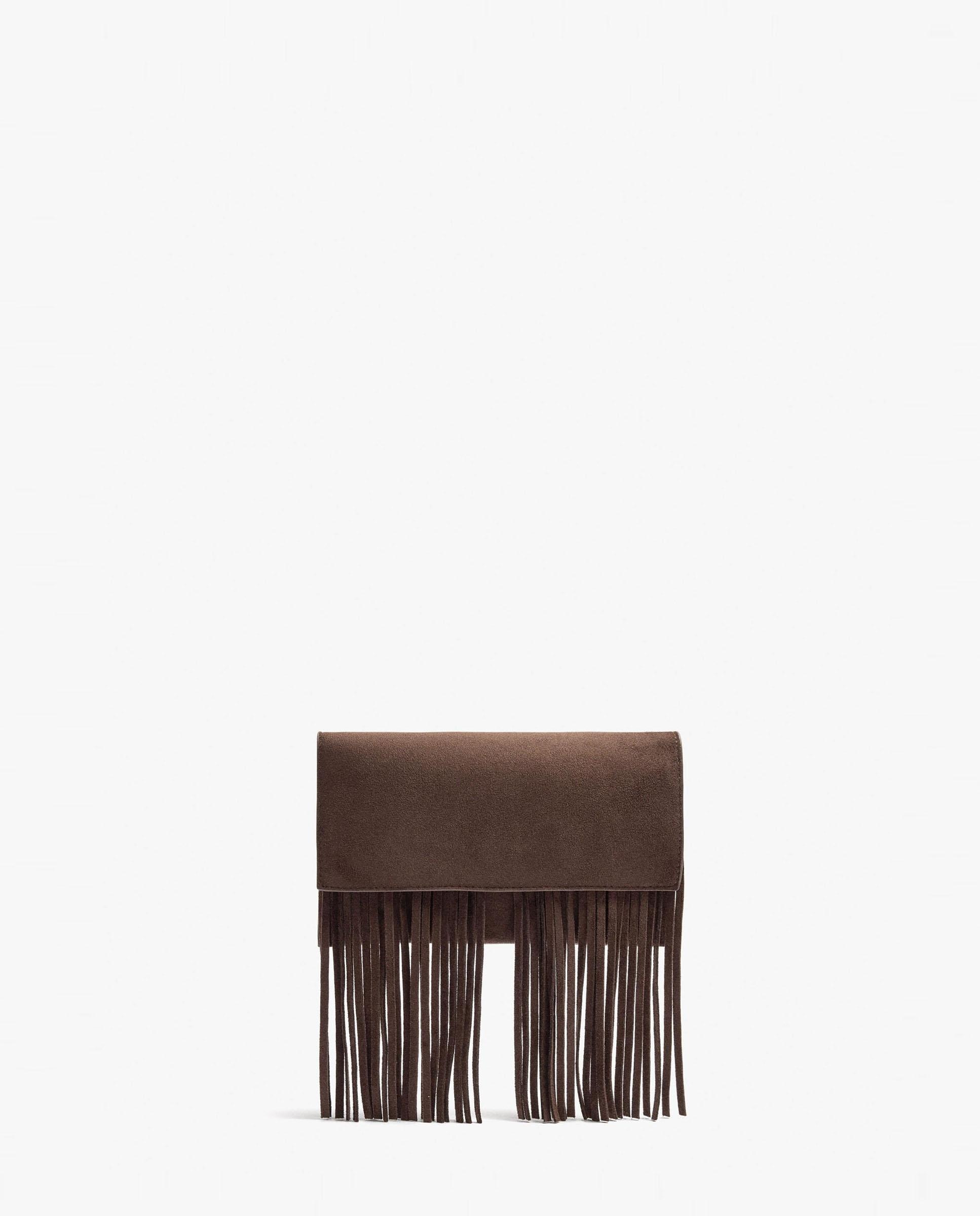 Bandolera de mujer con solapa y cierre imantado con flecos decorativos en liso - Parfois - Marrón oscuro Marrón oscuro-1