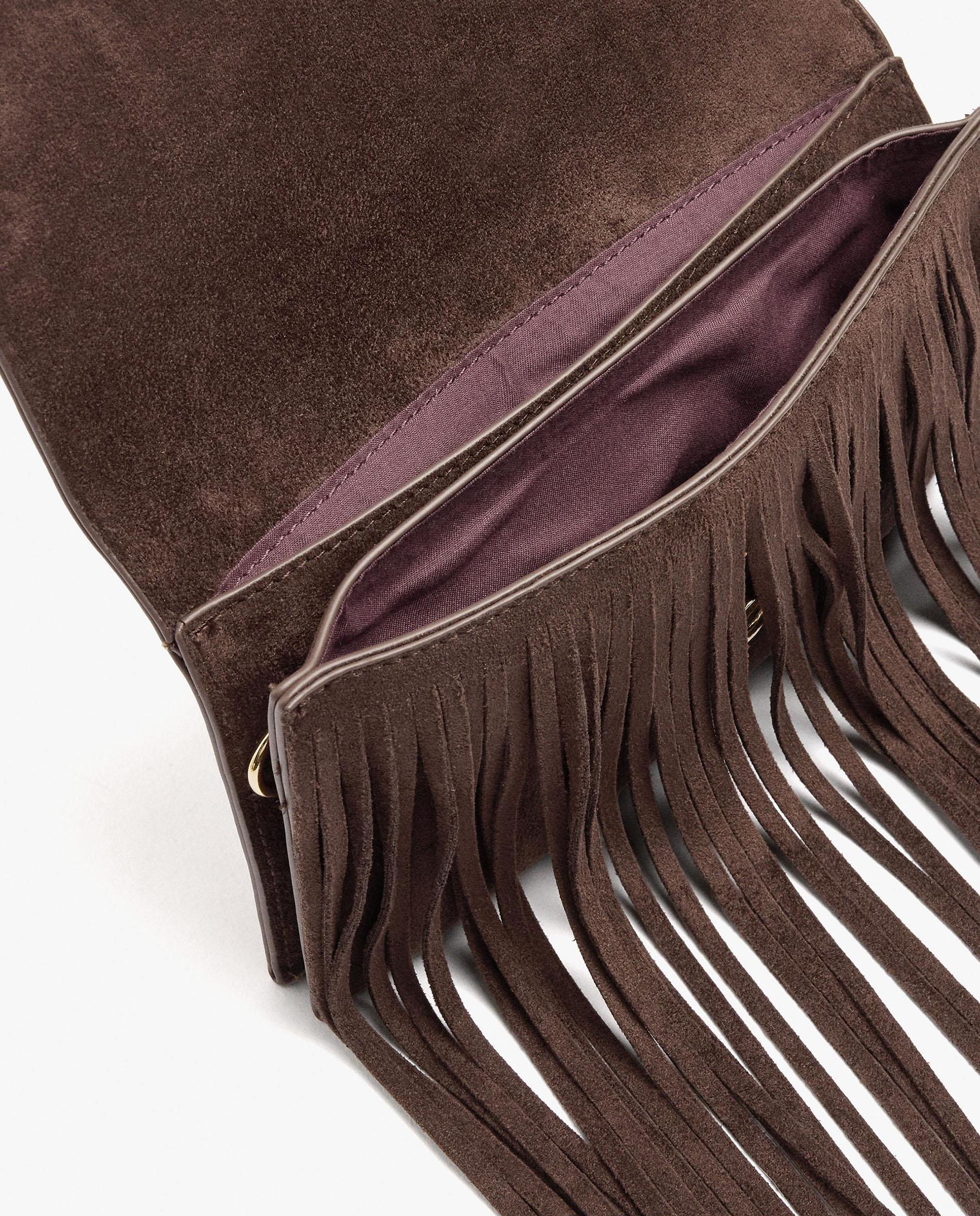 Bandolera de mujer con solapa y cierre imantado con flecos decorativos en liso - Parfois - Marrón oscuro Marrón oscuro-4