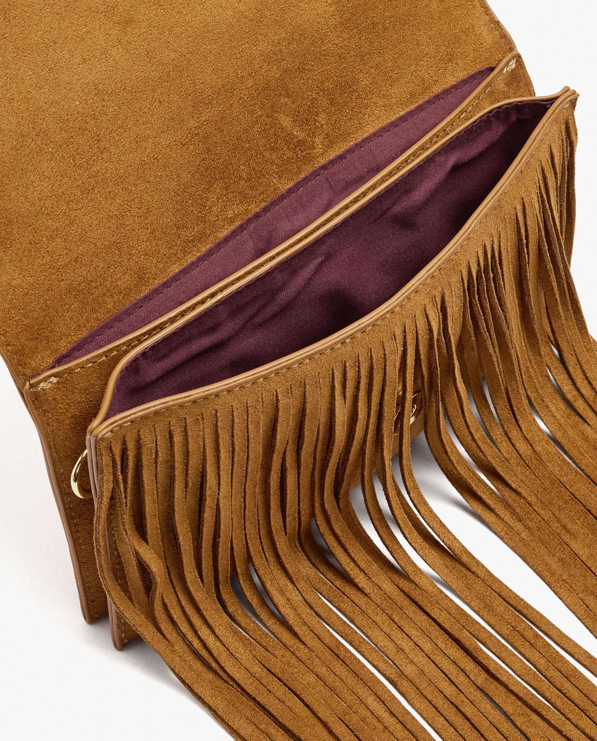 Bandolera de mujer con solapa y cierre imantado con flecos decorativos en liso - Parfois - Camel Camel-4