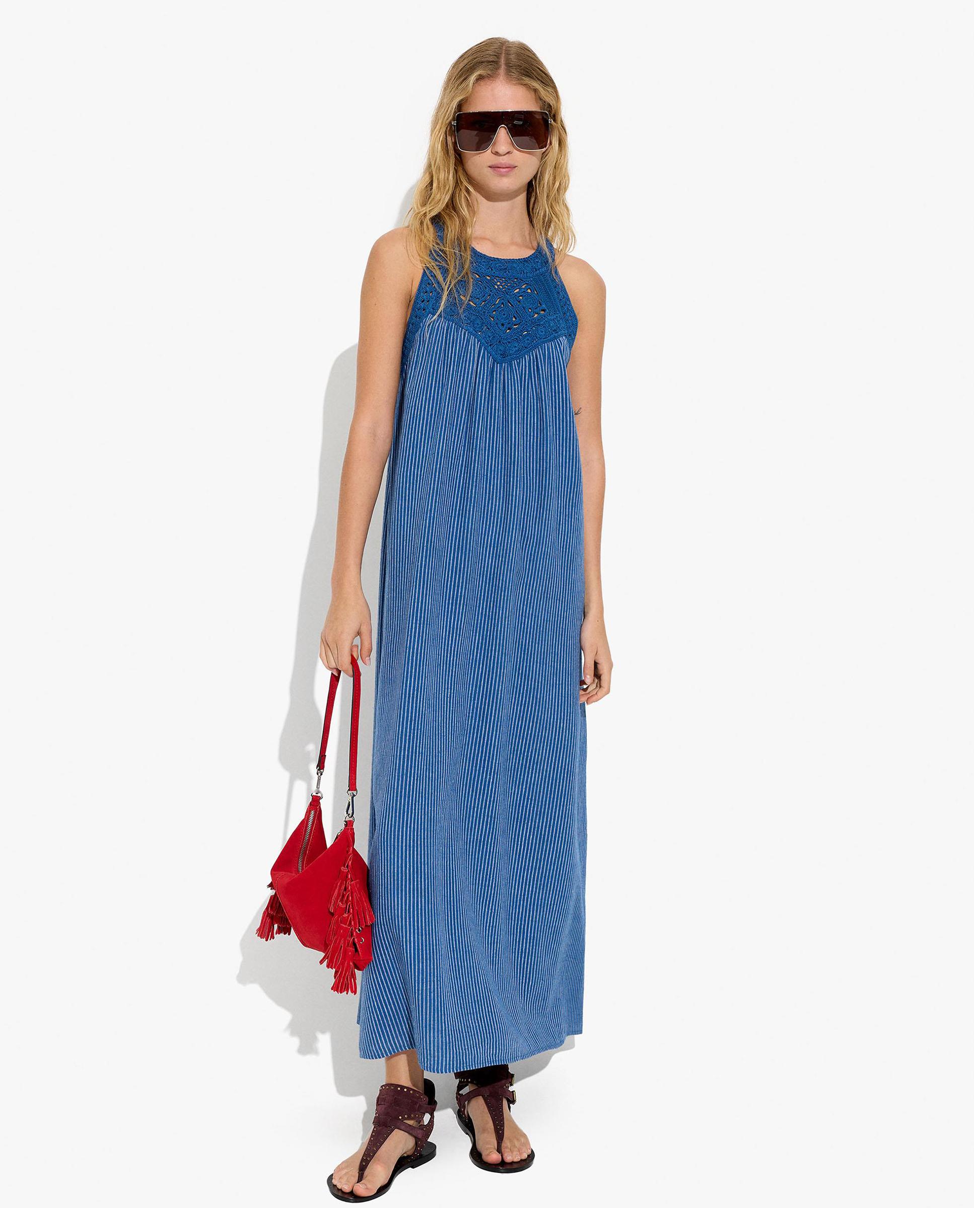 Vestido largo con detalles de crochet y rayas decorativas - Parfois - Azul Azul-1
