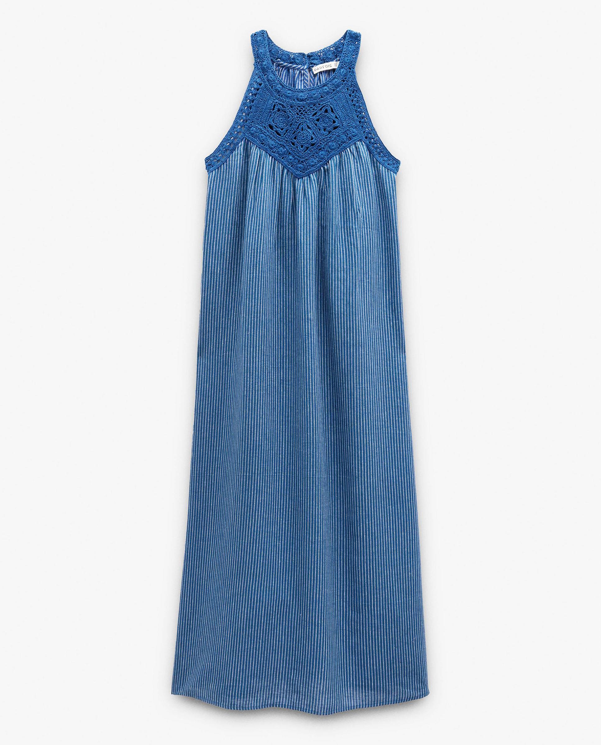 Vestido largo con detalles de crochet y rayas decorativas - Parfois - Azul Azul-6