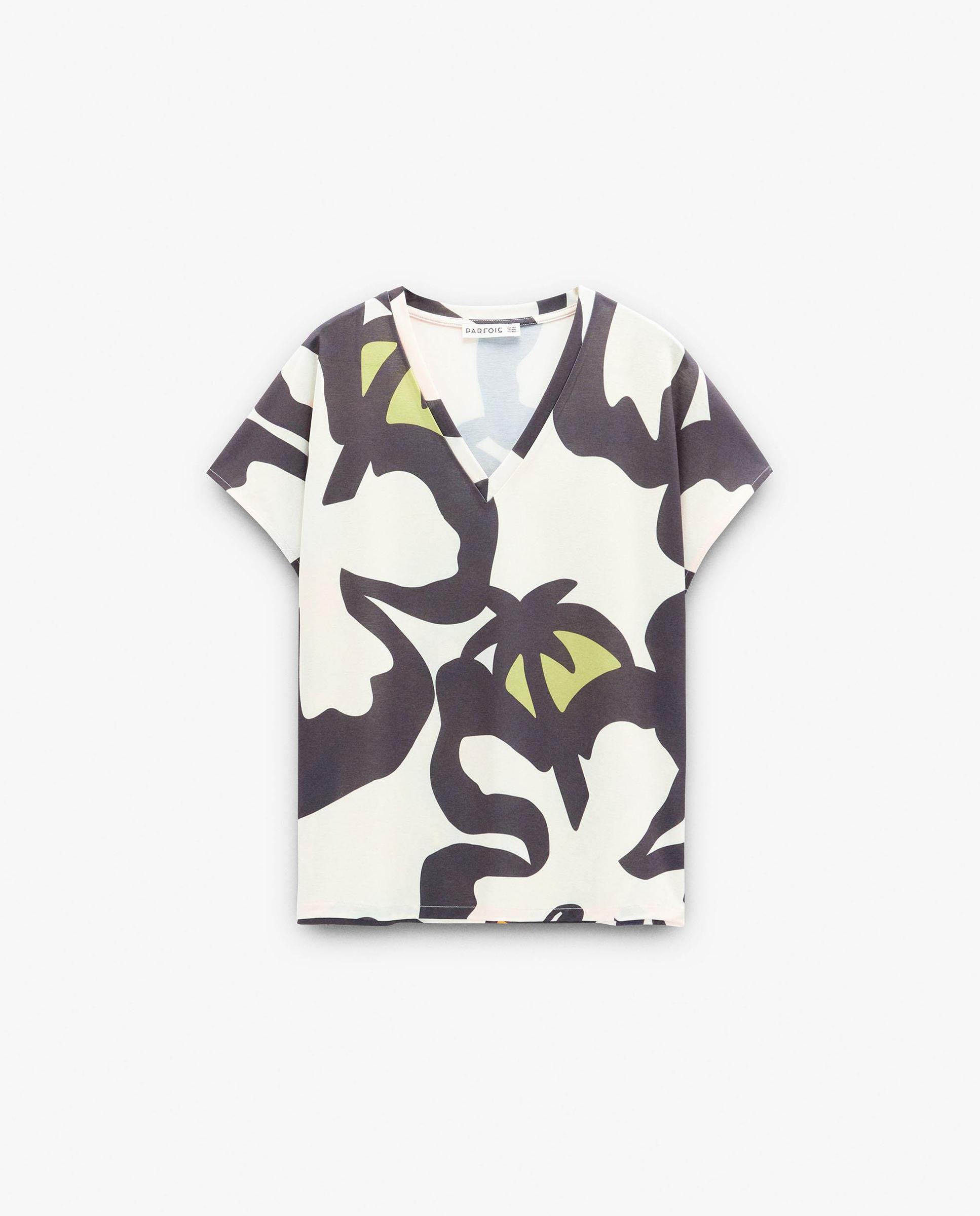 Camiseta de mujer de manga corta con cuello pico y estampado de rayas - Parfois - Negro Negro-6