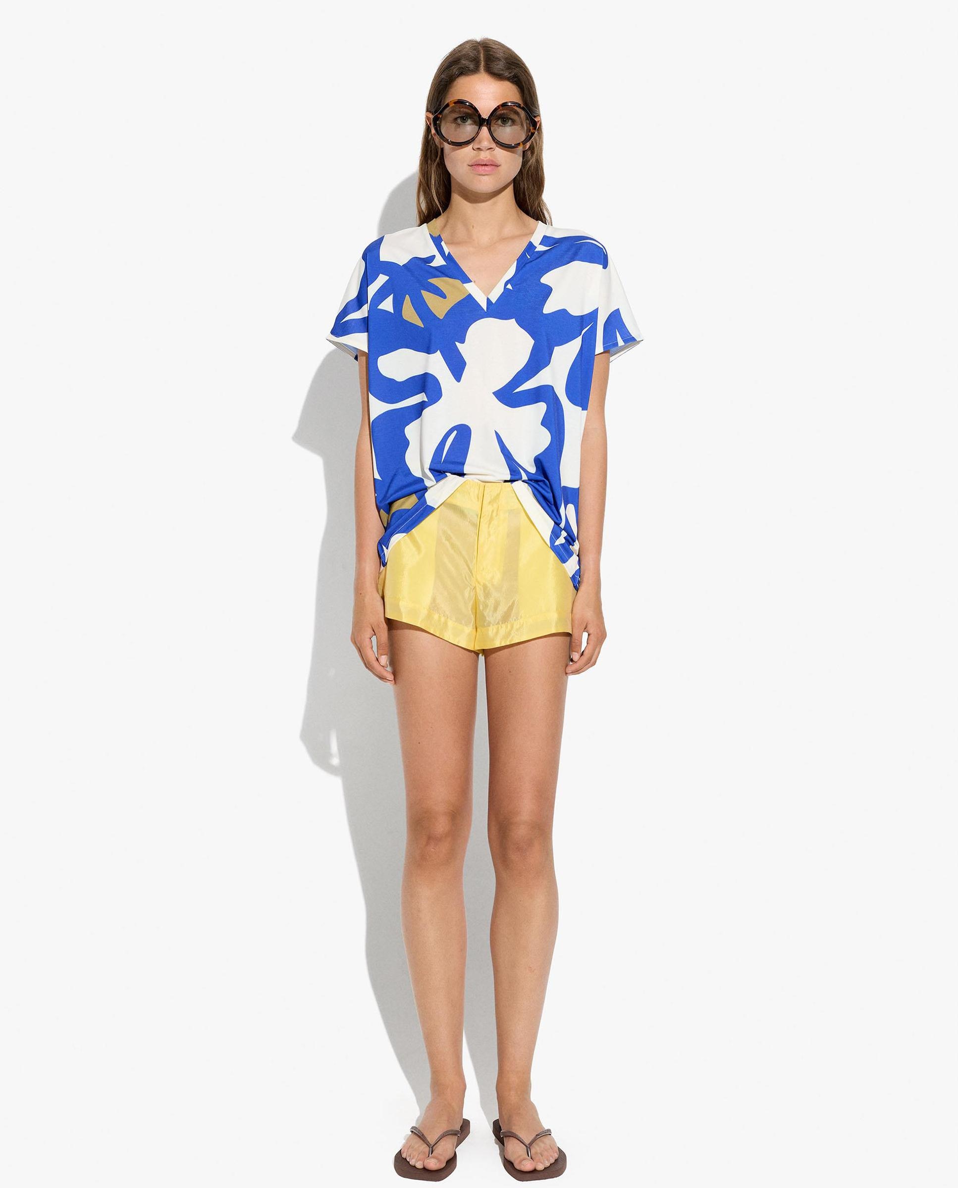 Camiseta de mujer de manga corta con cuello pico y estampado de rayas - Parfois - Azul Azul-2