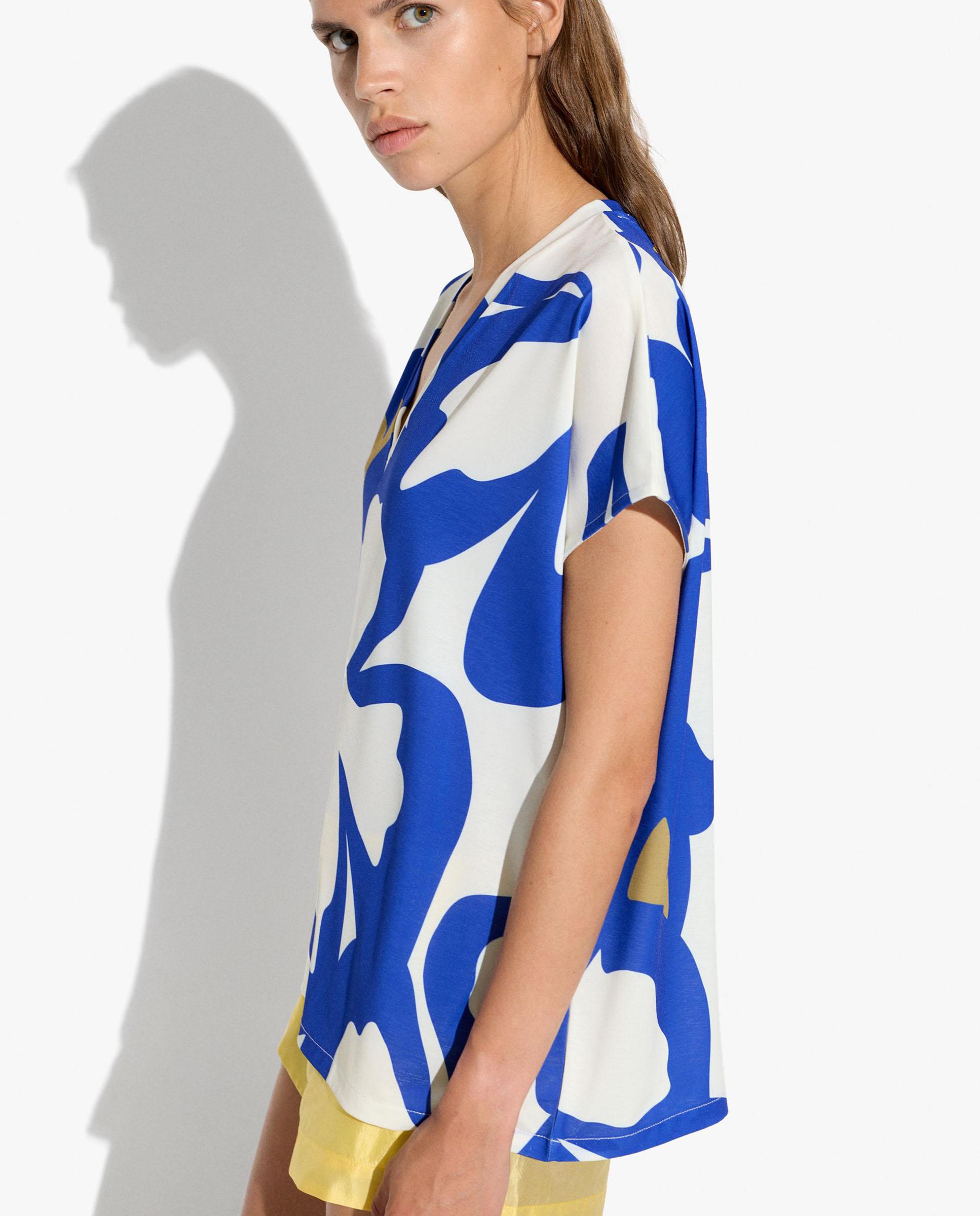 Camiseta de mujer de manga corta con cuello pico y estampado de rayas - Parfois - Azul Azul-3