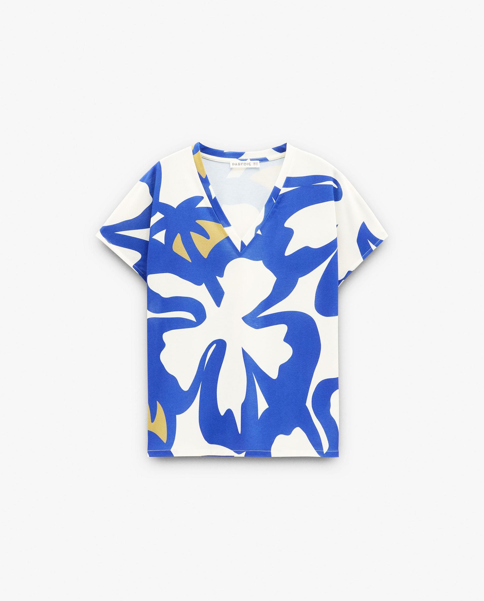 Camiseta de mujer de manga corta con cuello pico y estampado de rayas - Parfois - Azul Azul-6