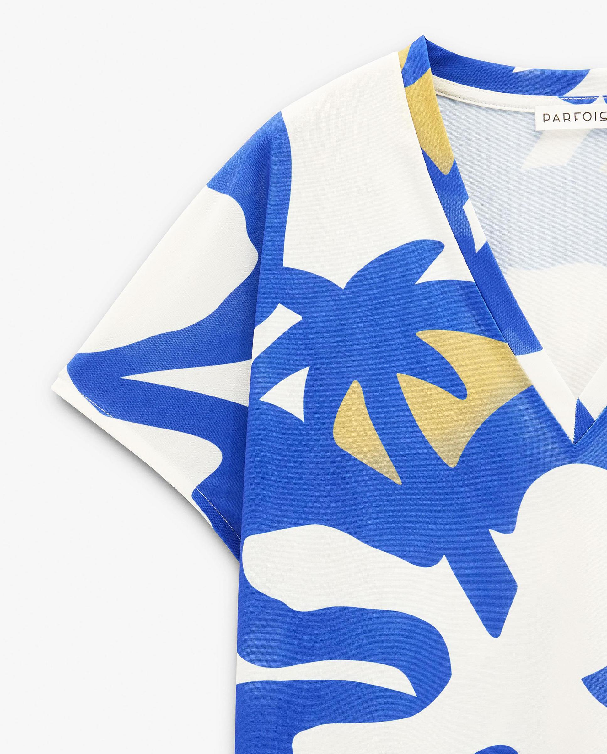 Camiseta de mujer de manga corta con cuello pico y estampado de rayas - Parfois - Azul Azul-5