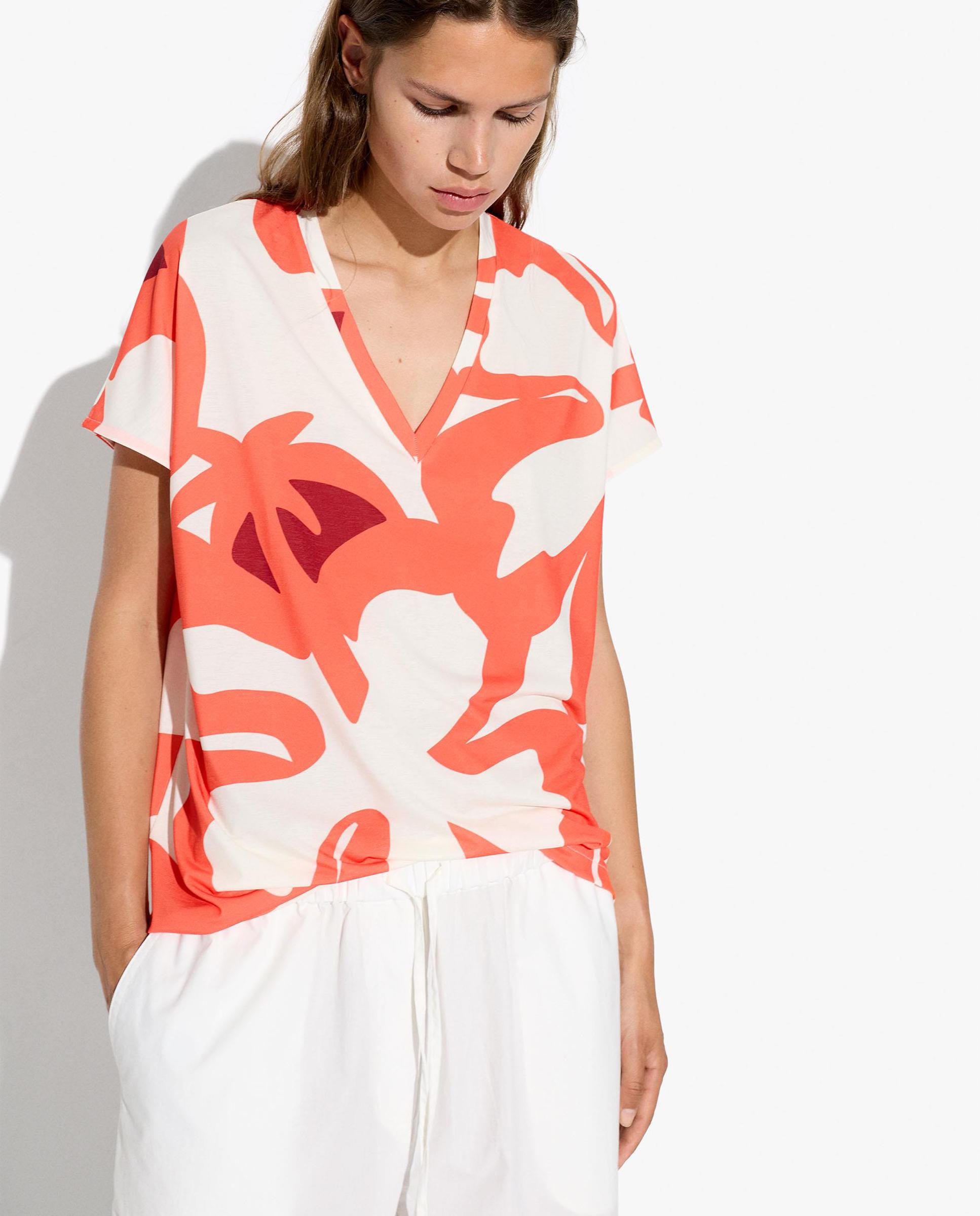Camiseta de mujer de manga corta con cuello pico y estampado de rayas - Parfois - Naranja Naranja-1