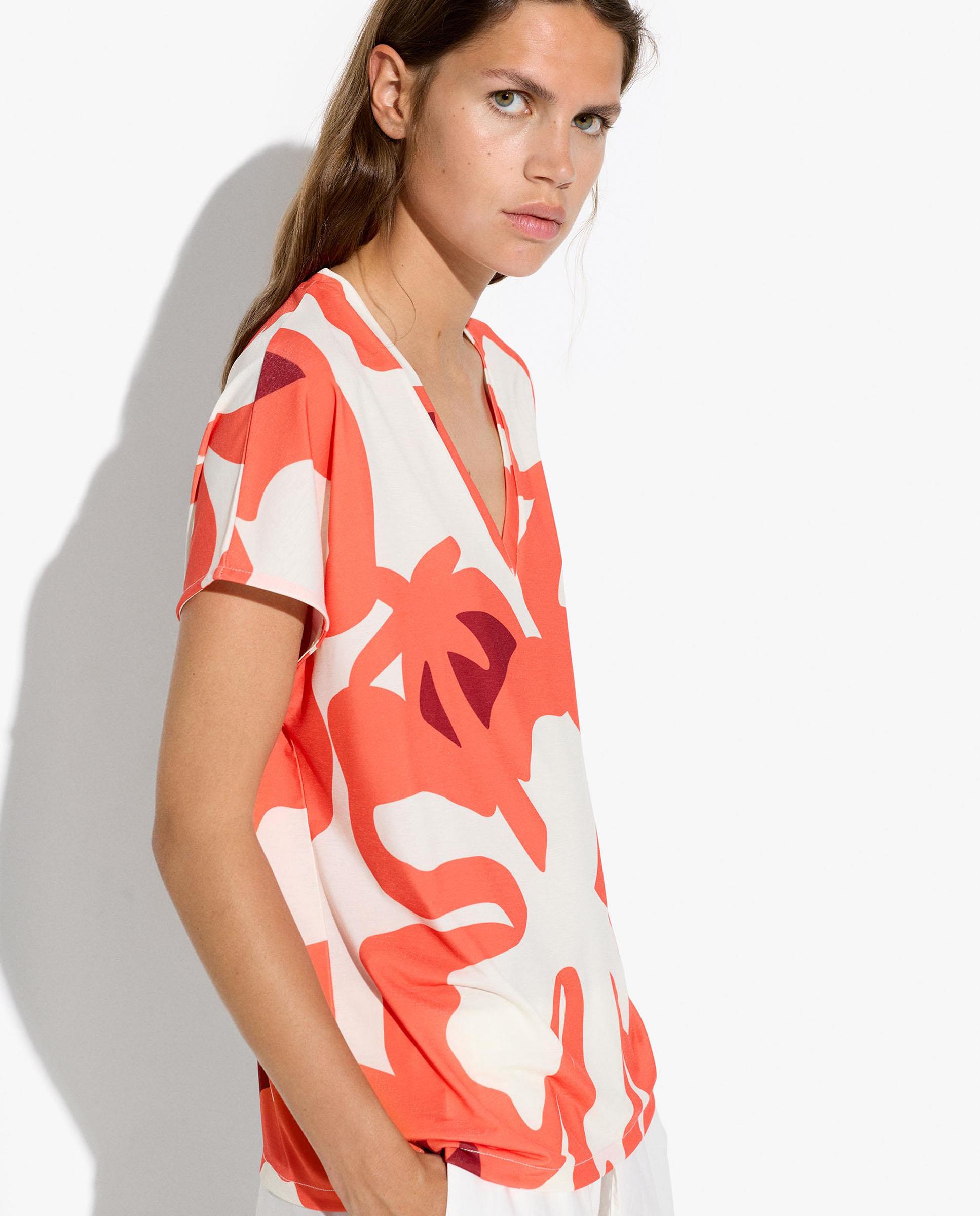 Camiseta de mujer de manga corta con cuello pico y estampado de rayas - Parfois - Naranja Naranja-3