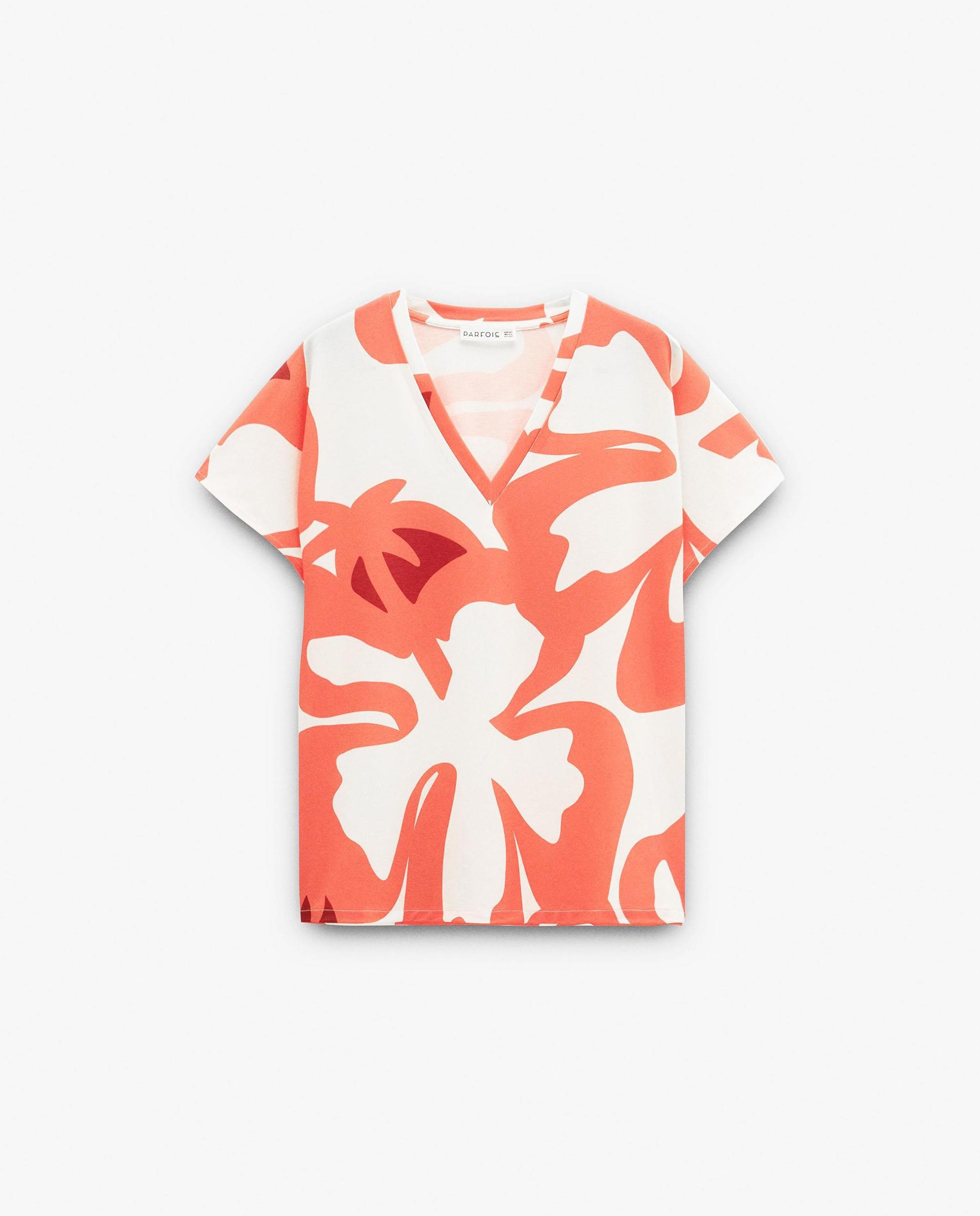 Camiseta de mujer de manga corta con cuello pico y estampado de rayas - Parfois - Naranja Naranja-6