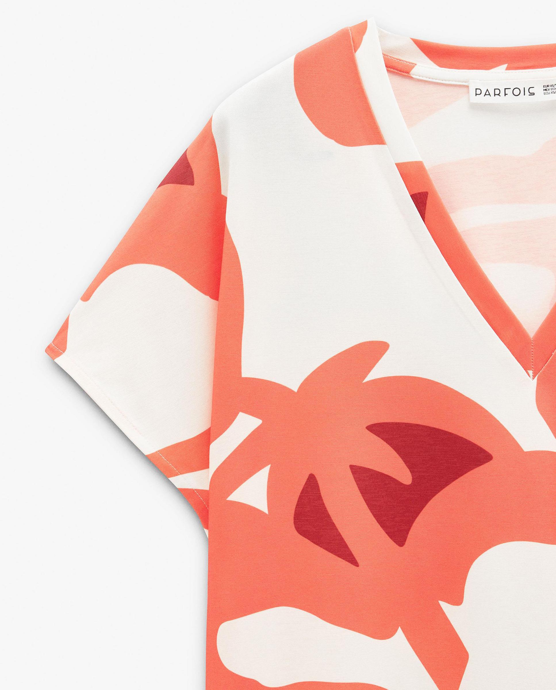Camiseta de mujer de manga corta con cuello pico y estampado de rayas - Parfois - Naranja Naranja-5