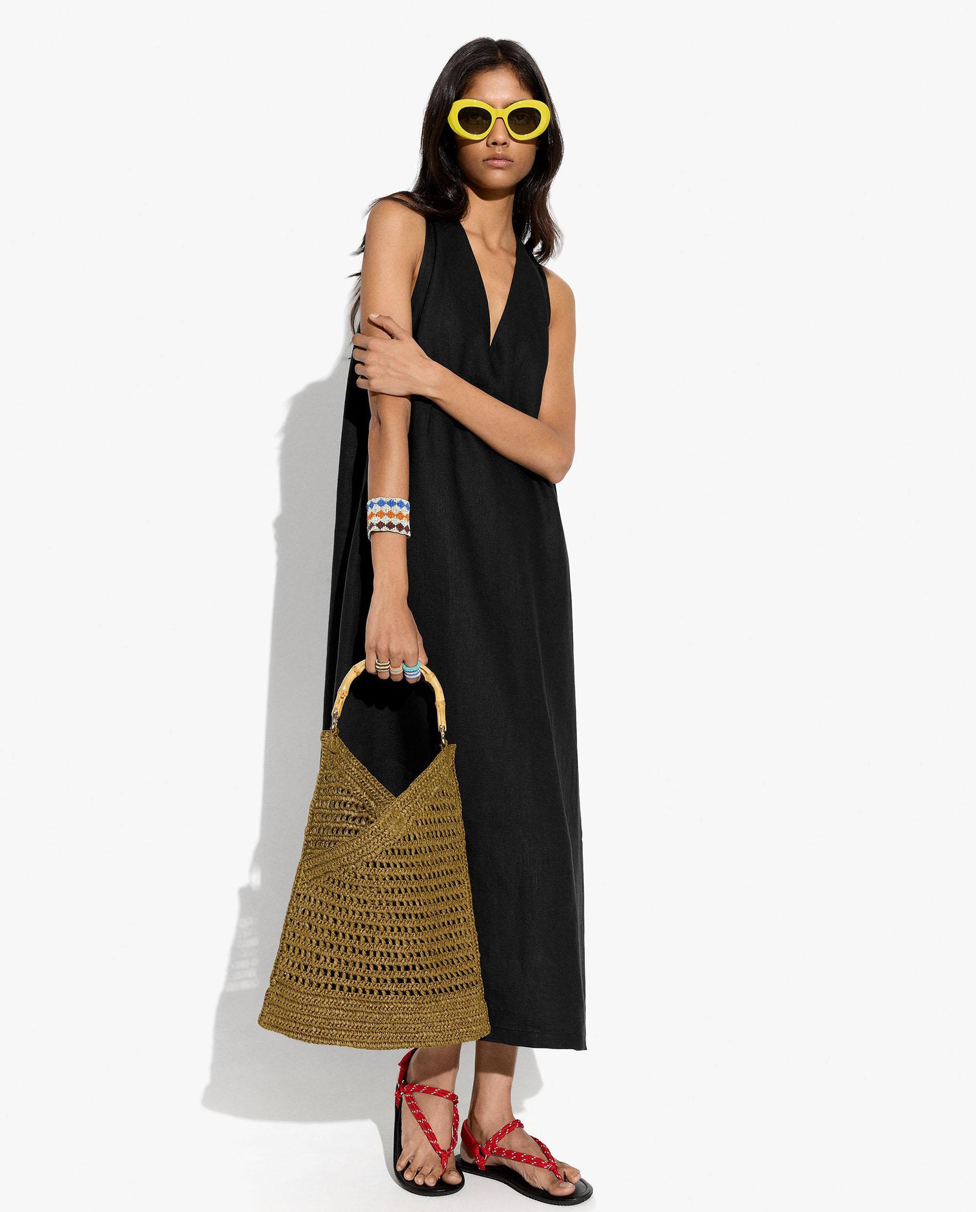 Parfois - Vestido midi 100% lino sin mangas en liso.