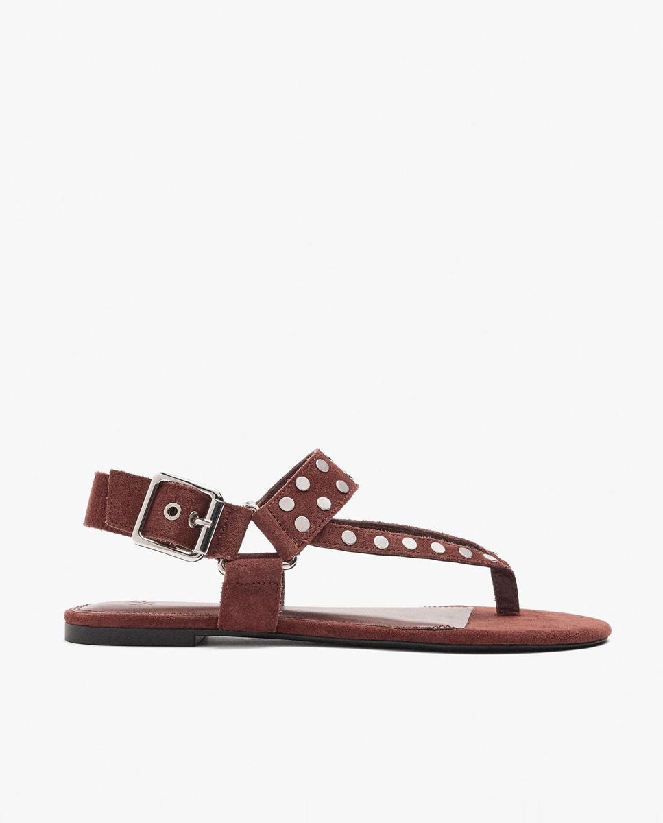 Sandalias planas de mujer 100% piel con tiras y tachuelas decorativas - Parfois - Rojo Rojo-1
