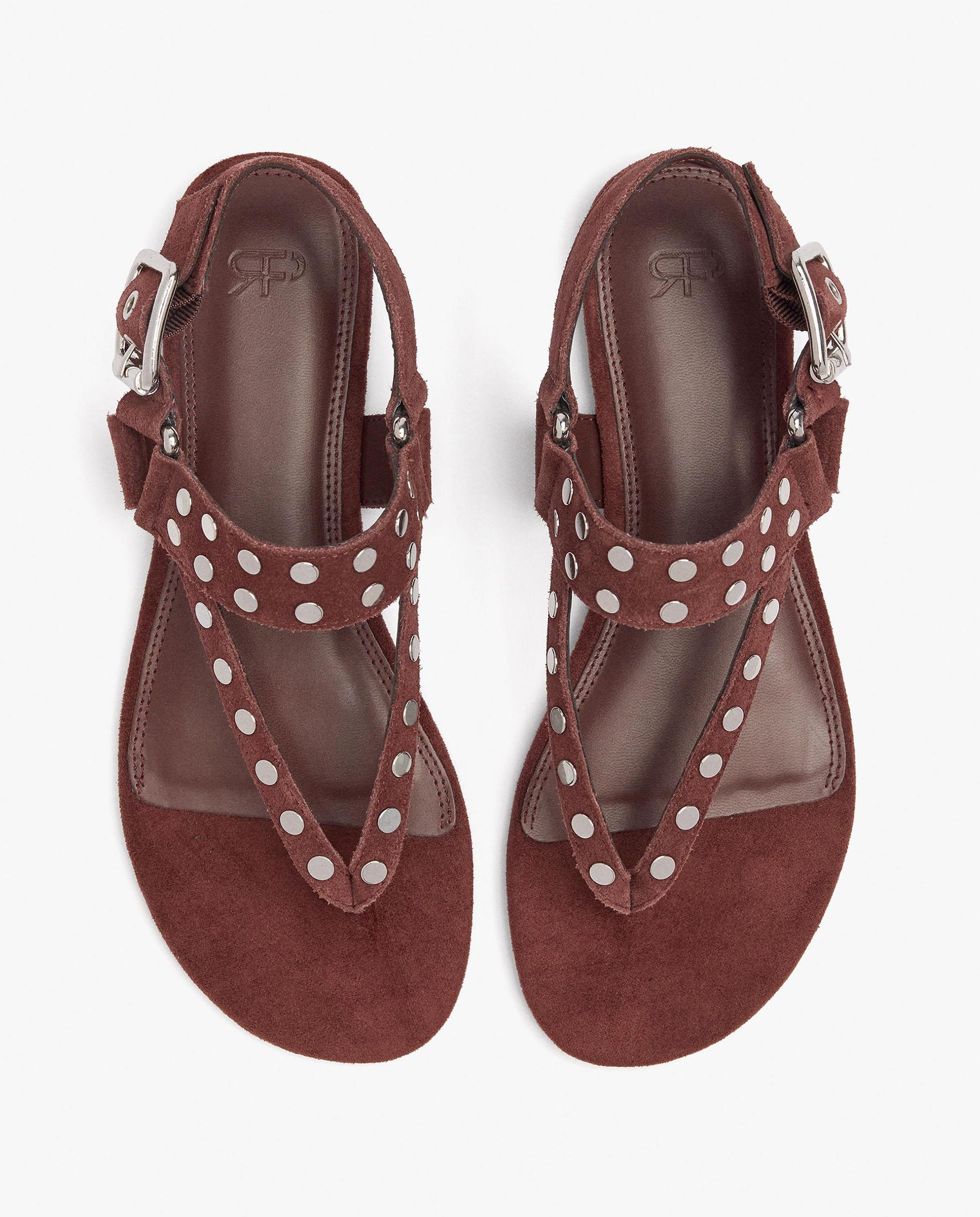Sandalias planas de mujer 100% piel con tiras y tachuelas decorativas - Parfois - Rojo Rojo-3