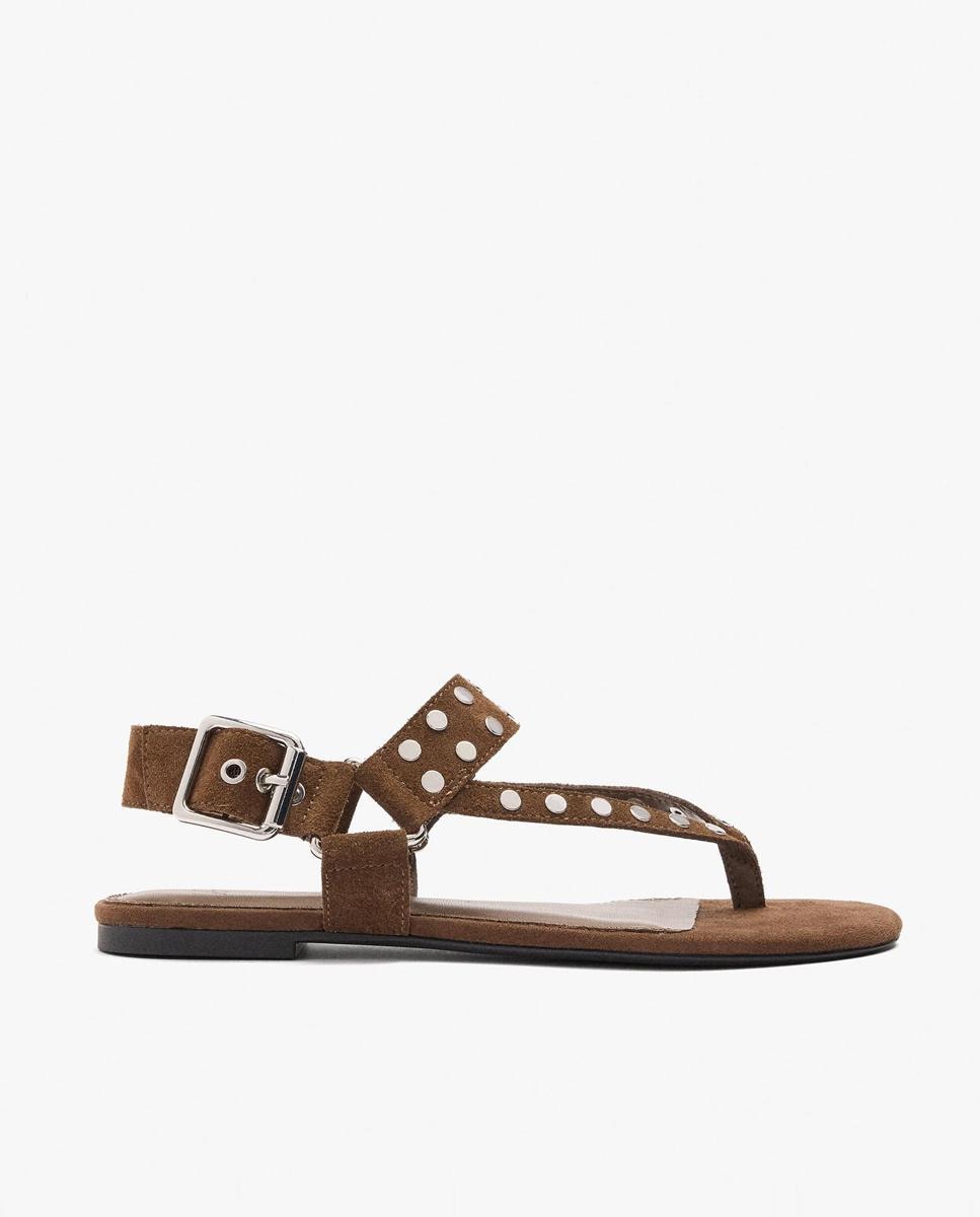 Sandalias planas de mujer 100% piel con tiras y tachuelas decorativas - Parfois - Marrón Marrón-1