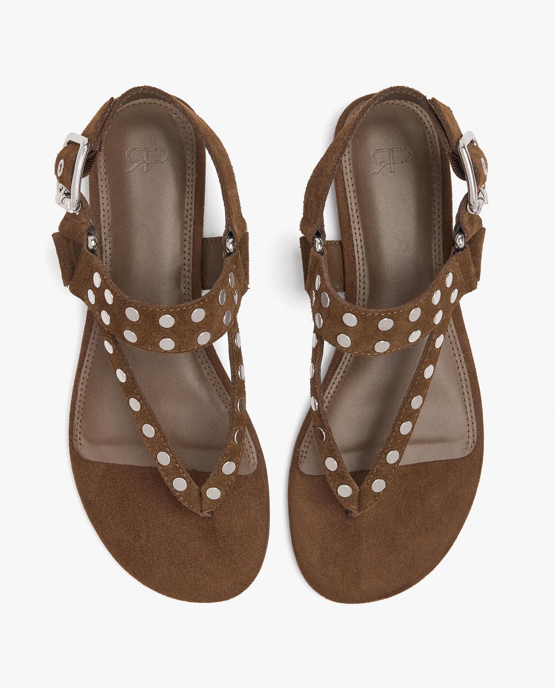 Sandalias planas de mujer 100% piel con tiras y tachuelas decorativas - Parfois - Marrón Marrón-3