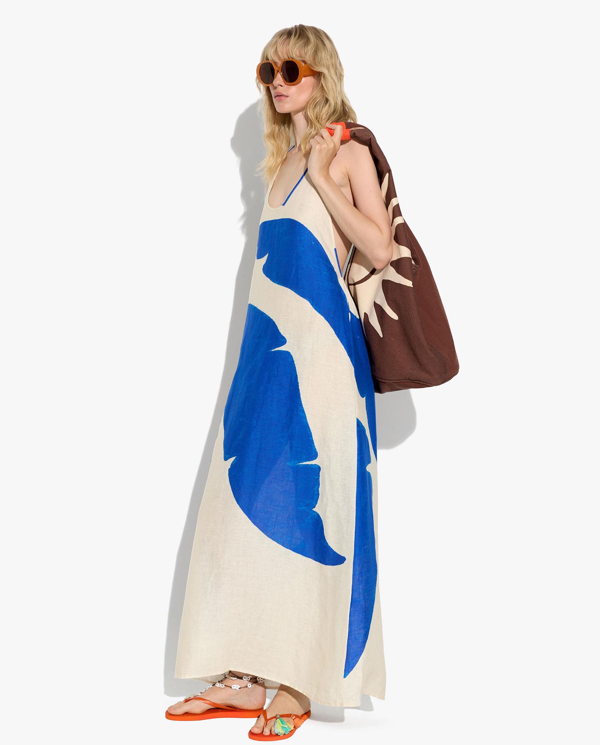 Parfois - Vestido largo 100% lino con cuello halter y estampado de hojas.