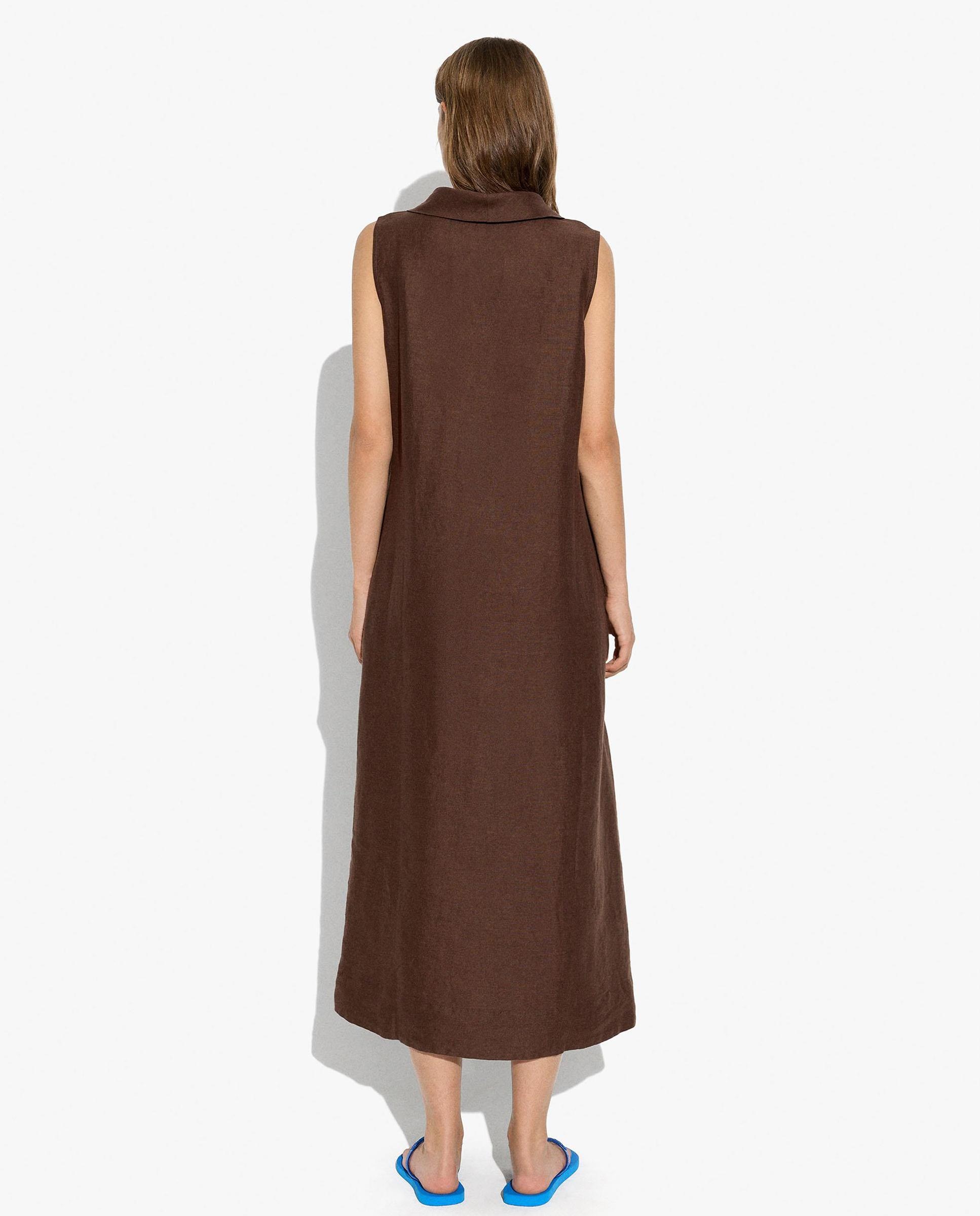 Vestido largo 100% lino con cuello drapeado - Parfois - Marrón oscuro Marrón oscuro-3