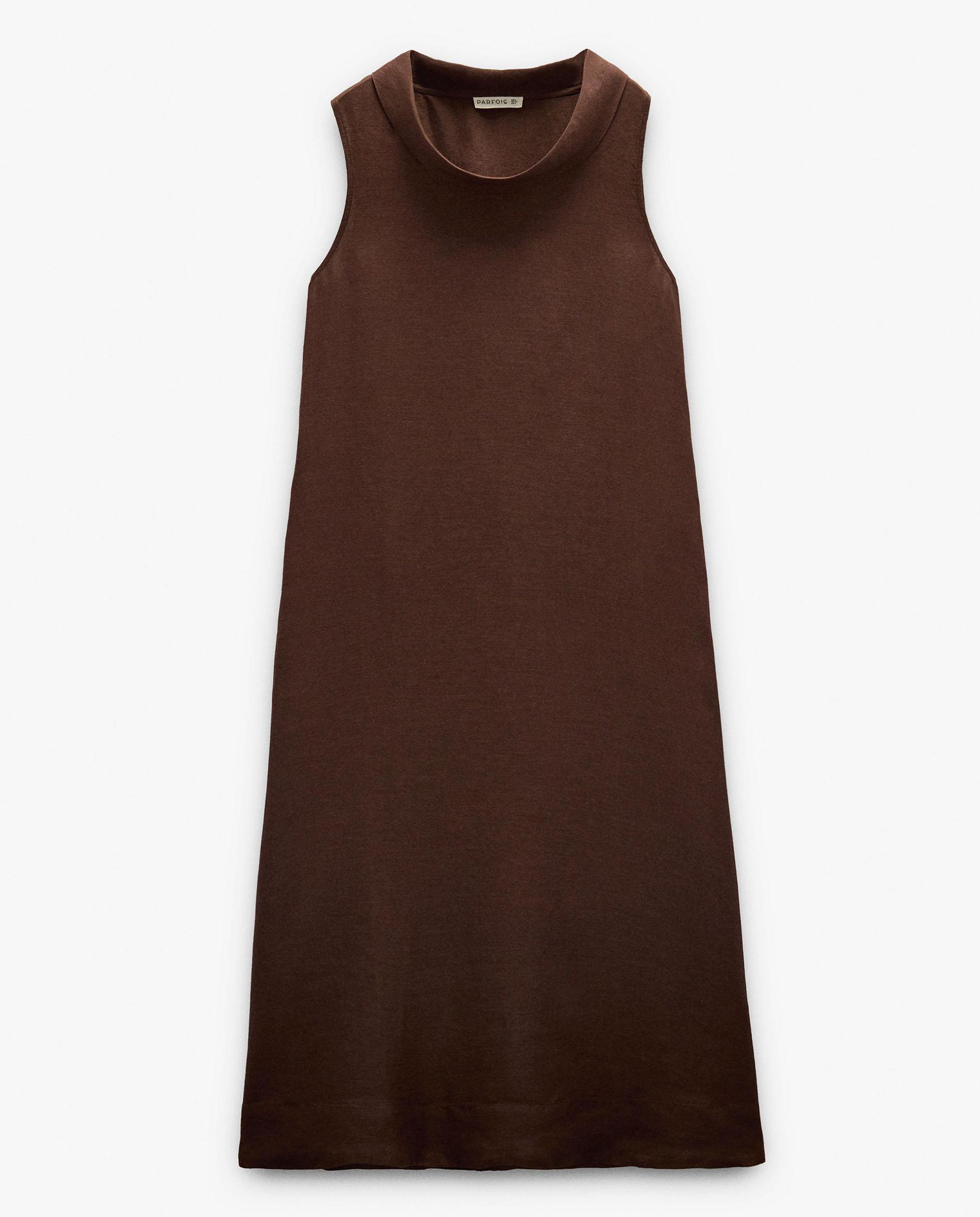 Vestido largo 100% lino con cuello drapeado - Parfois - Marrón oscuro Marrón oscuro-5