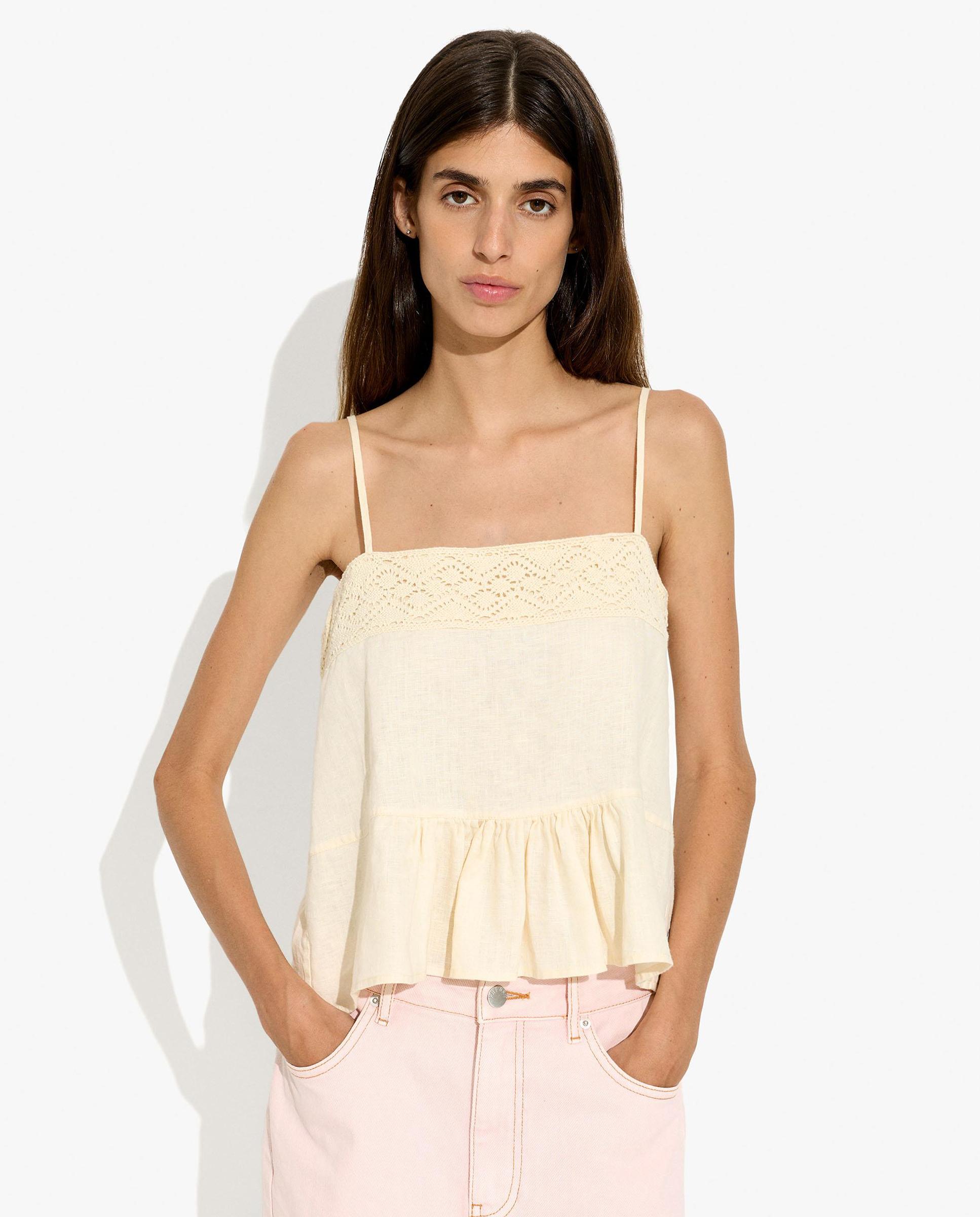 Top de mujer 100% lino de tirantes con detalles de crochet - Parfois - Amarillo Amarillo-1