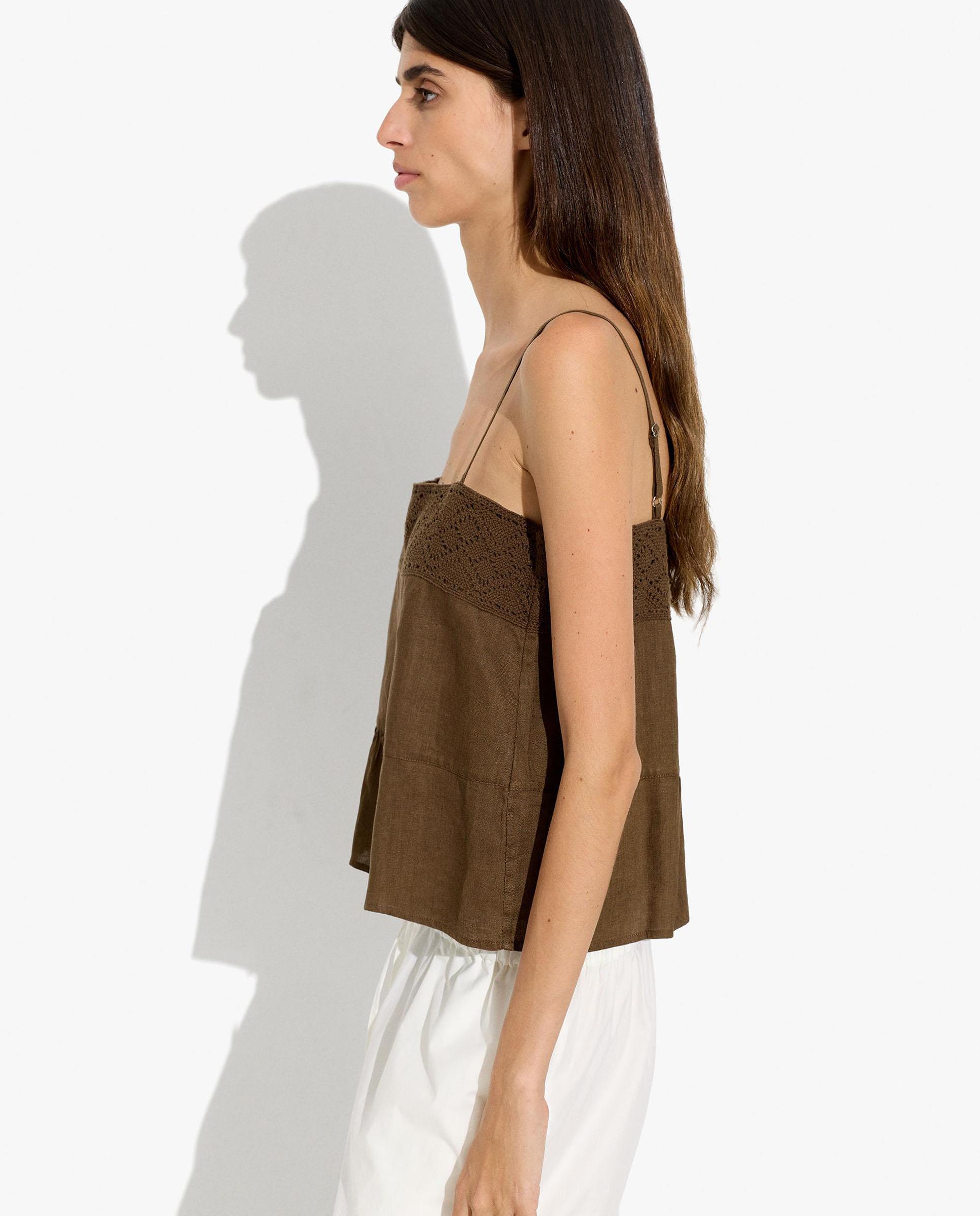 Top de mujer 100% lino de tirantes con detalles de crochet - Parfois - Marrón oscuro Marrón oscuro-3