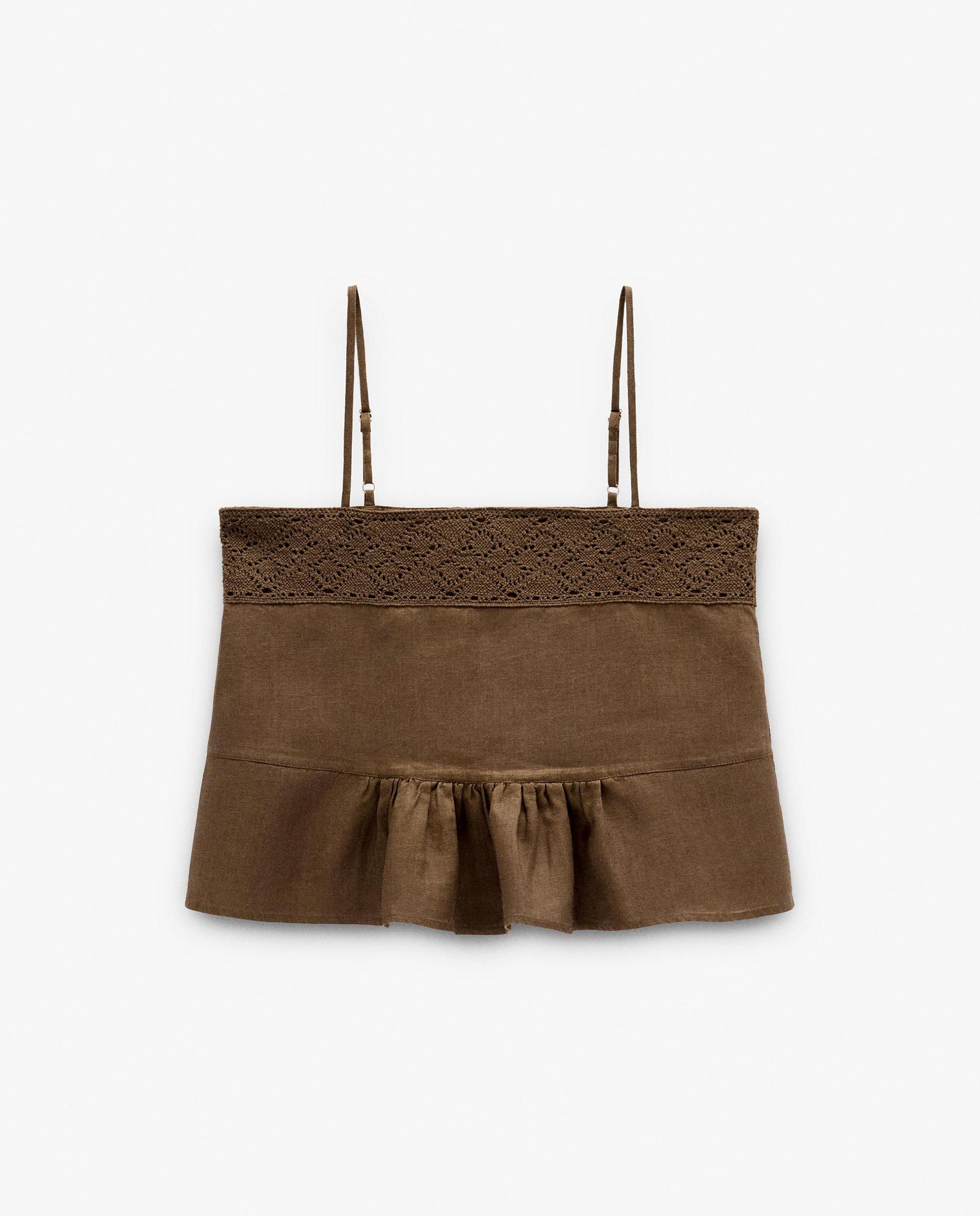 Top de mujer 100% lino de tirantes con detalles de crochet - Parfois - Marrón oscuro Marrón oscuro-6