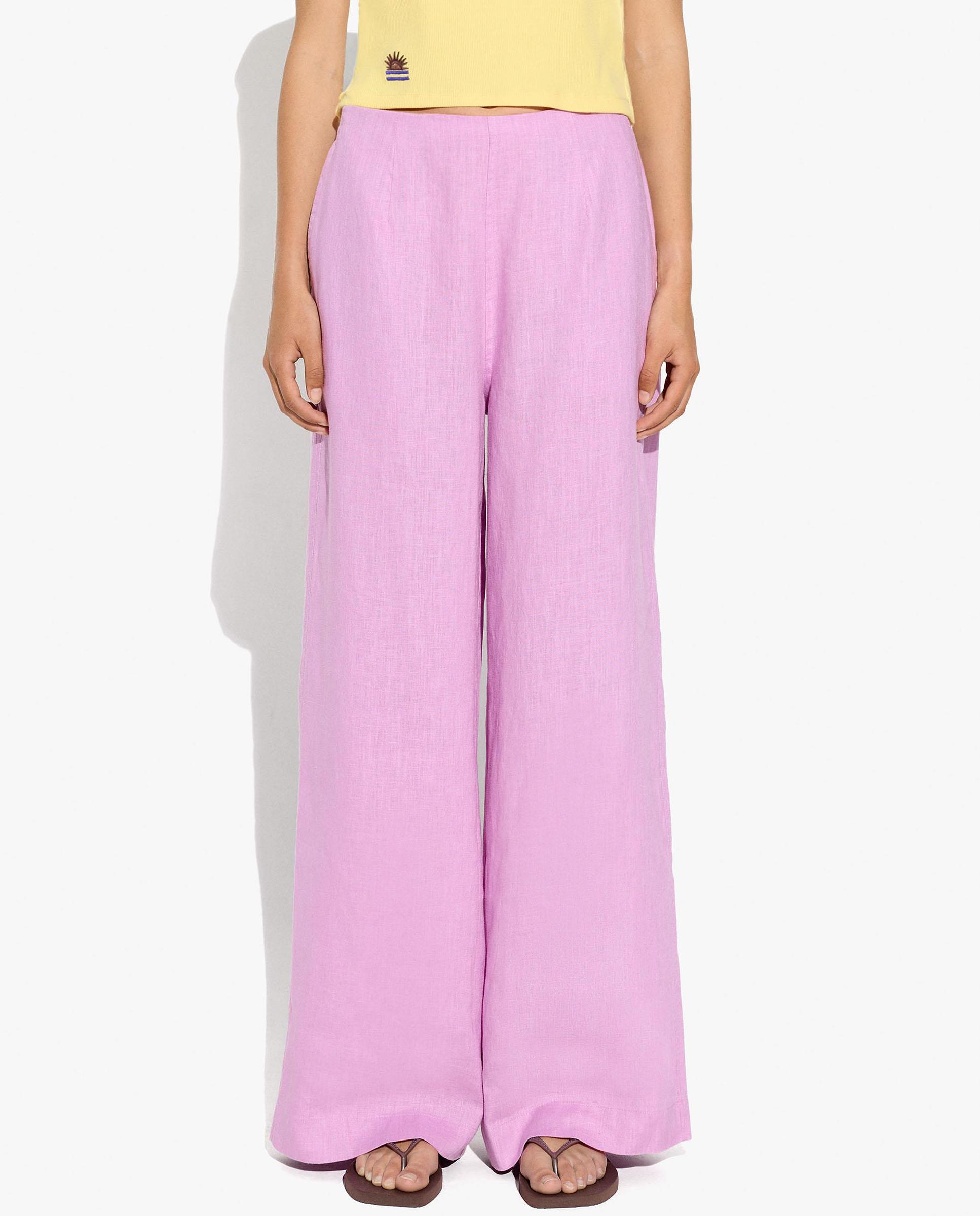Pantalones anchos de mujer 100% lino con cintura elástica en liso - Parfois - Rosa Rosa-2