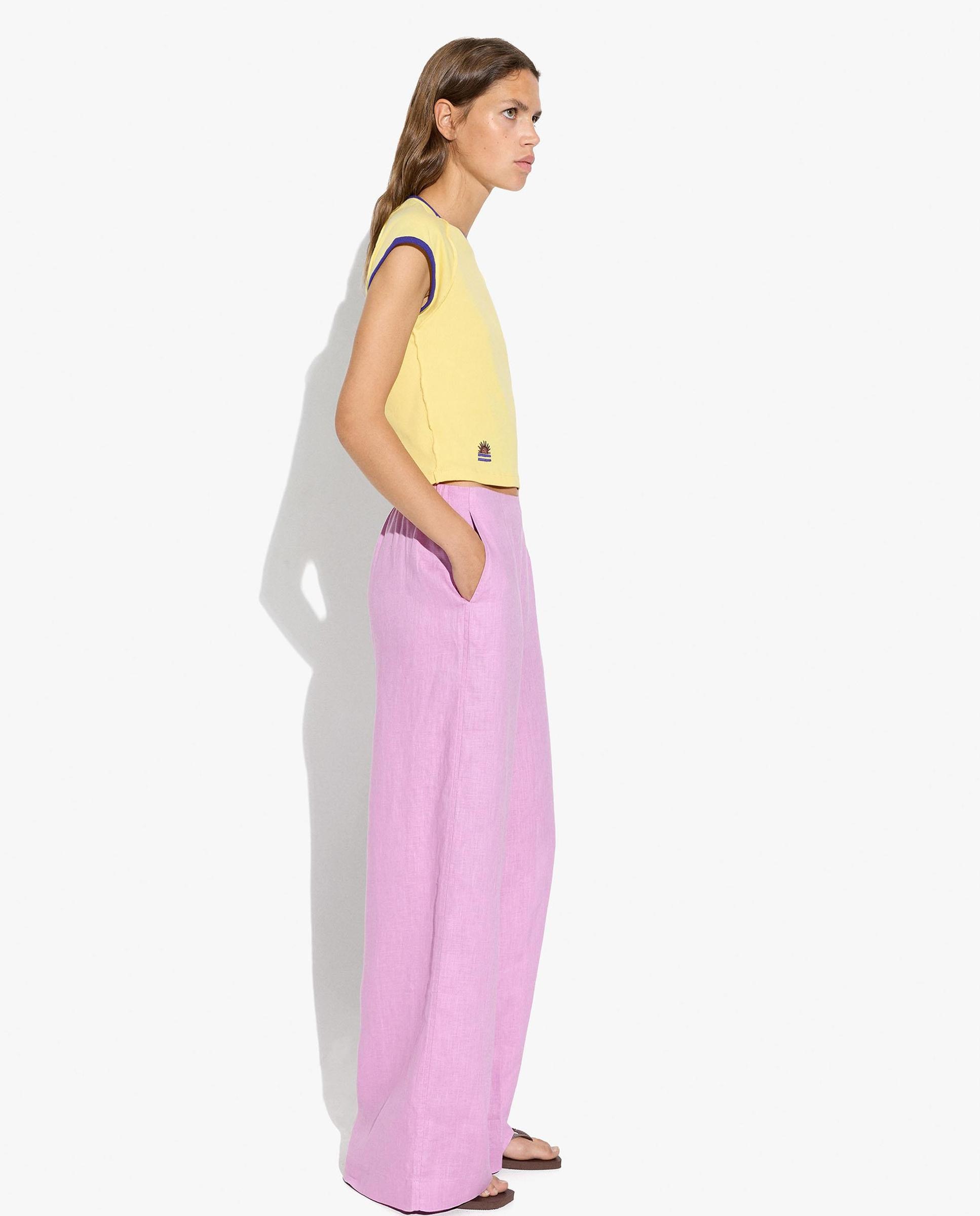 Pantalones anchos de mujer 100% lino con cintura elástica en liso - Parfois - Rosa Rosa-3
