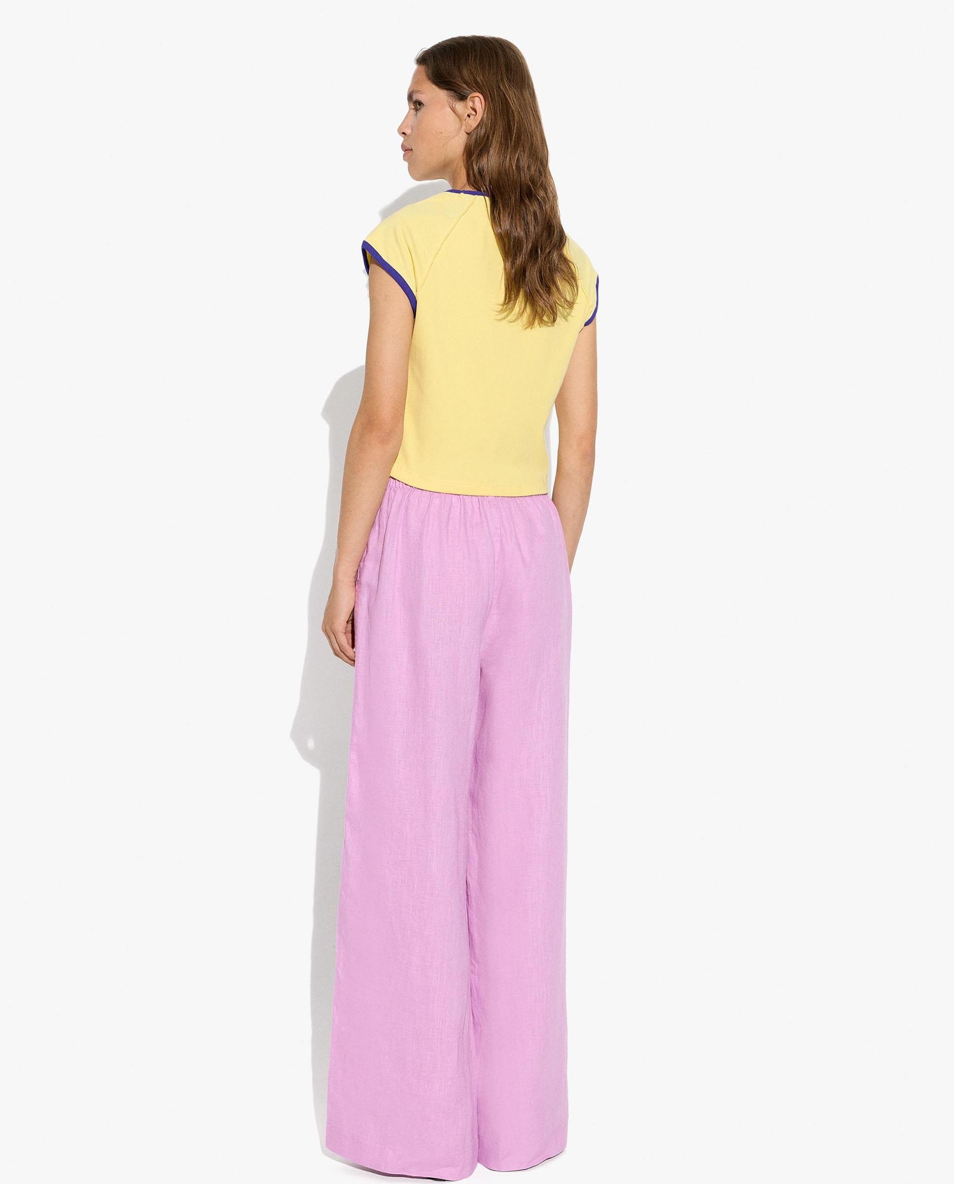 Pantalones anchos de mujer 100% lino con cintura elástica en liso - Parfois - Rosa Rosa-4