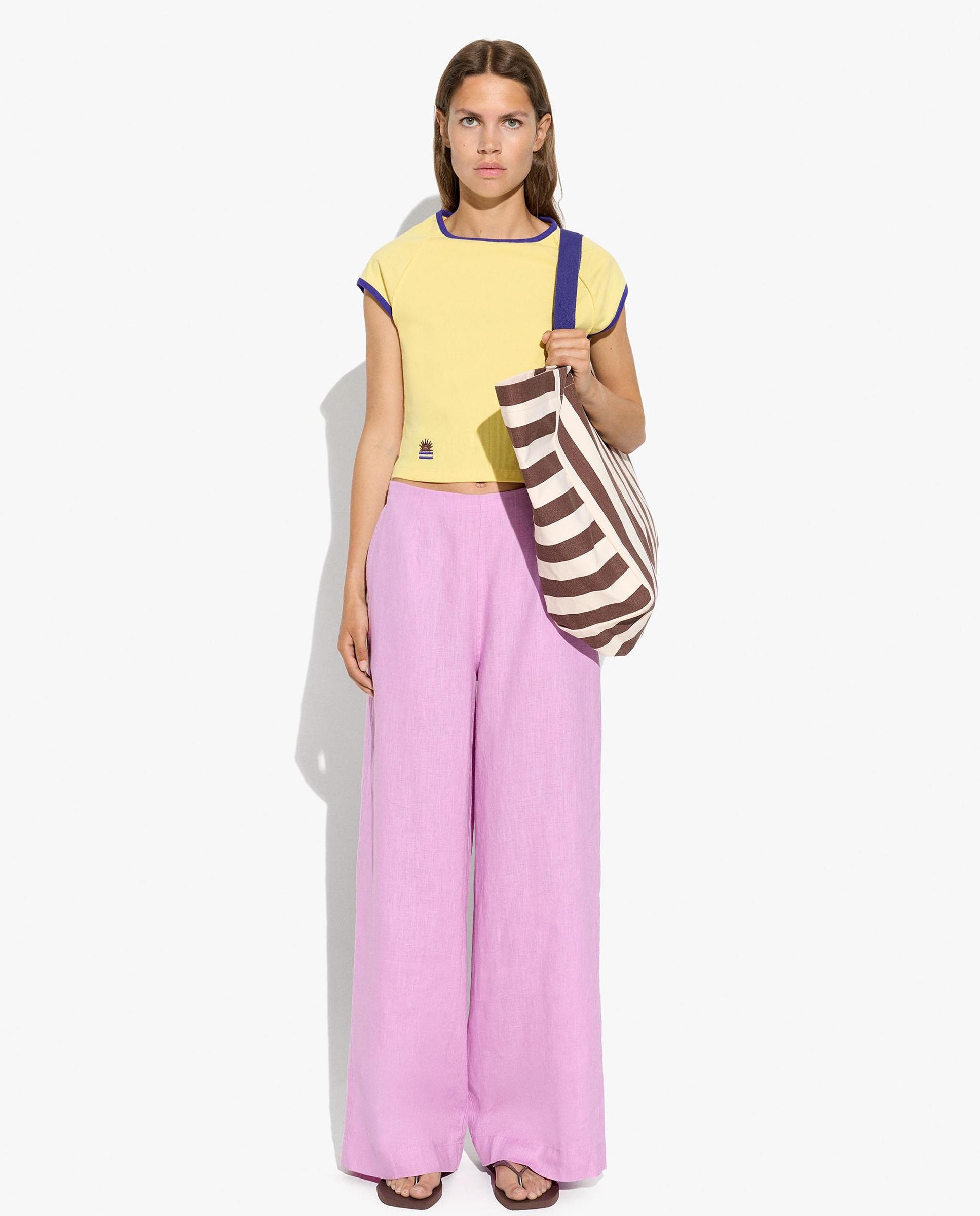 Pantalones anchos de mujer 100% lino con cintura elástica en liso - Parfois - Rosa Rosa-5