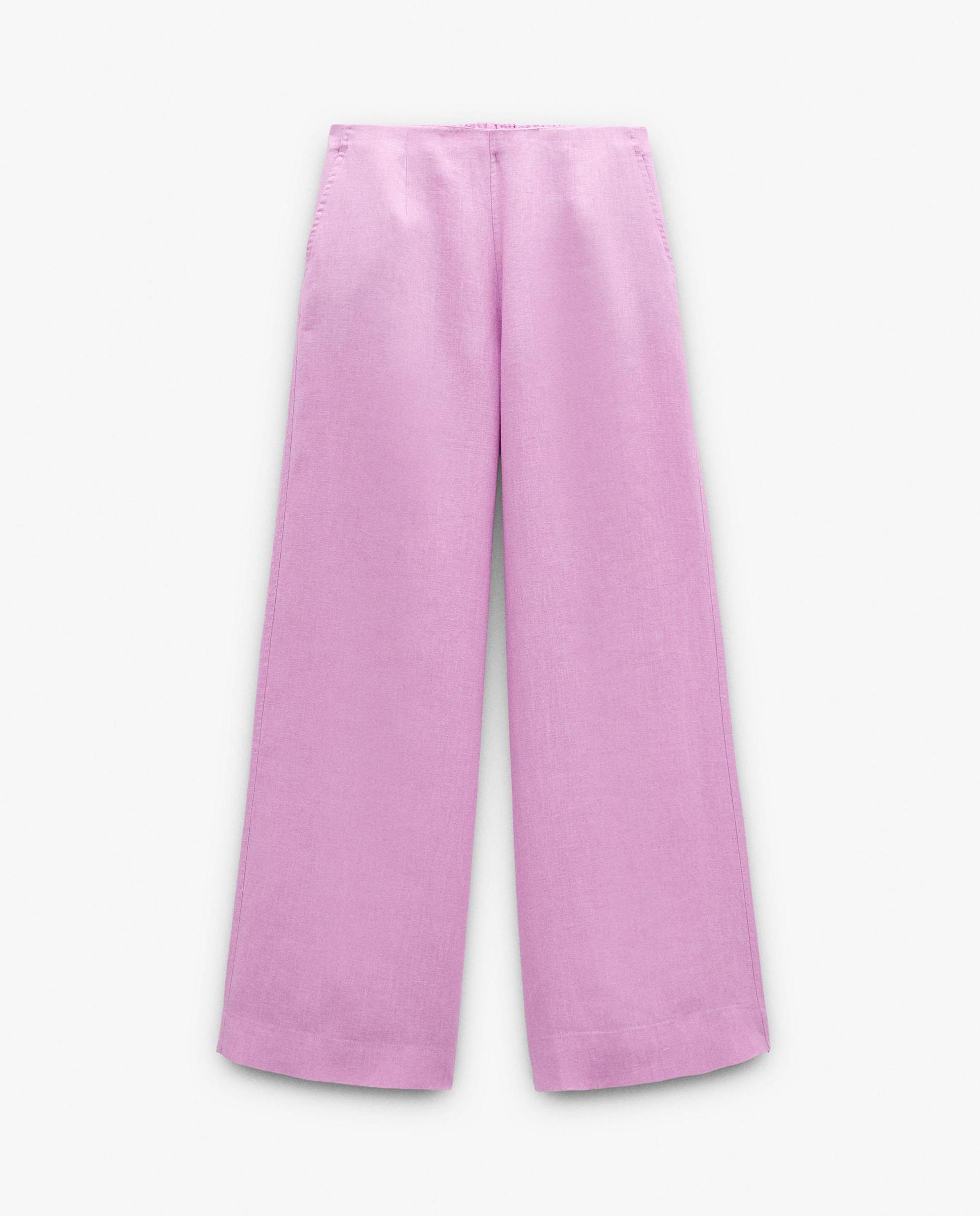 Pantalones anchos de mujer 100% lino con cintura elástica en liso - Parfois - Rosa Rosa-7