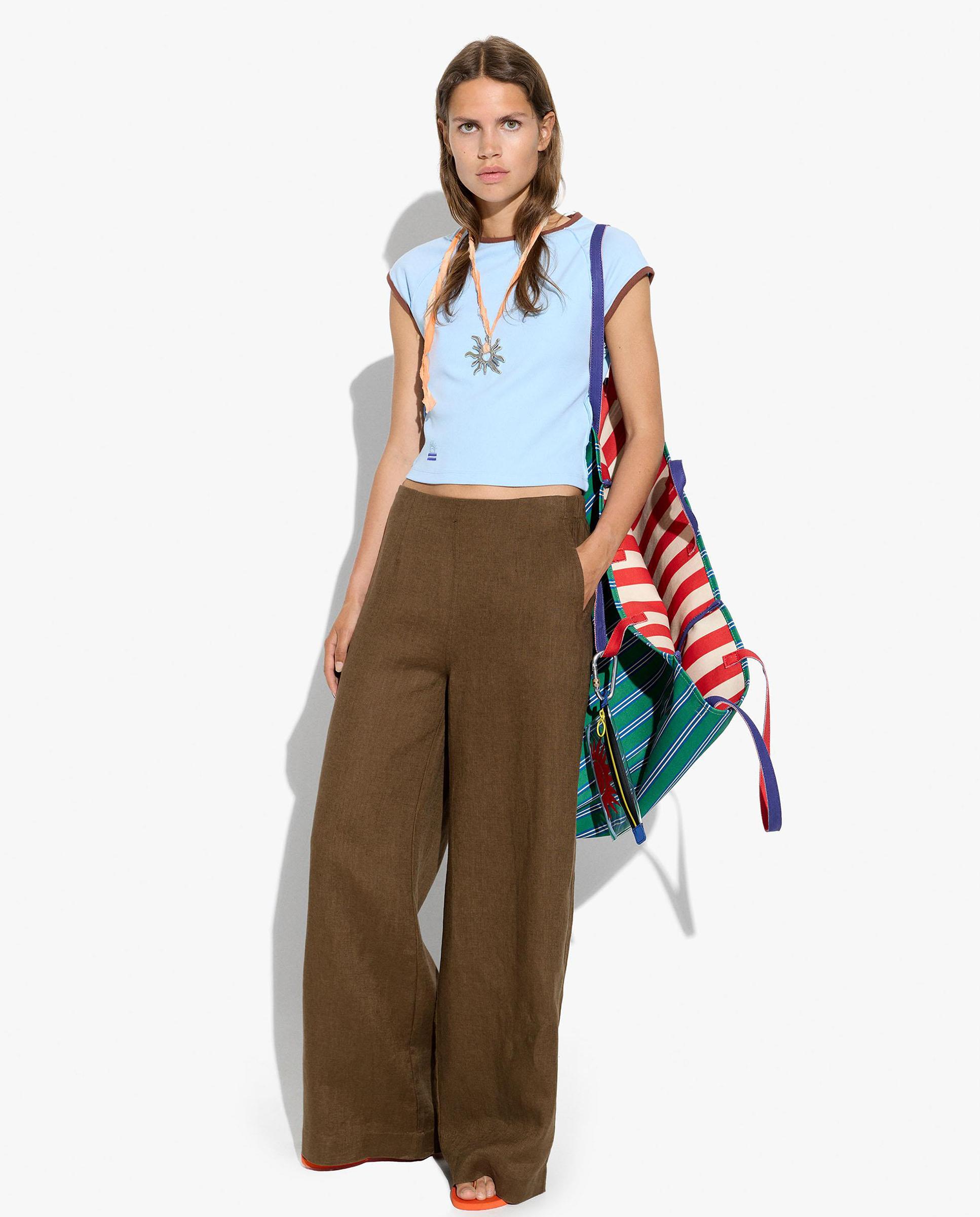 Pantalones anchos de mujer 100% lino con cintura elástica en liso - Parfois - Marrón oscuro Marrón oscuro-1