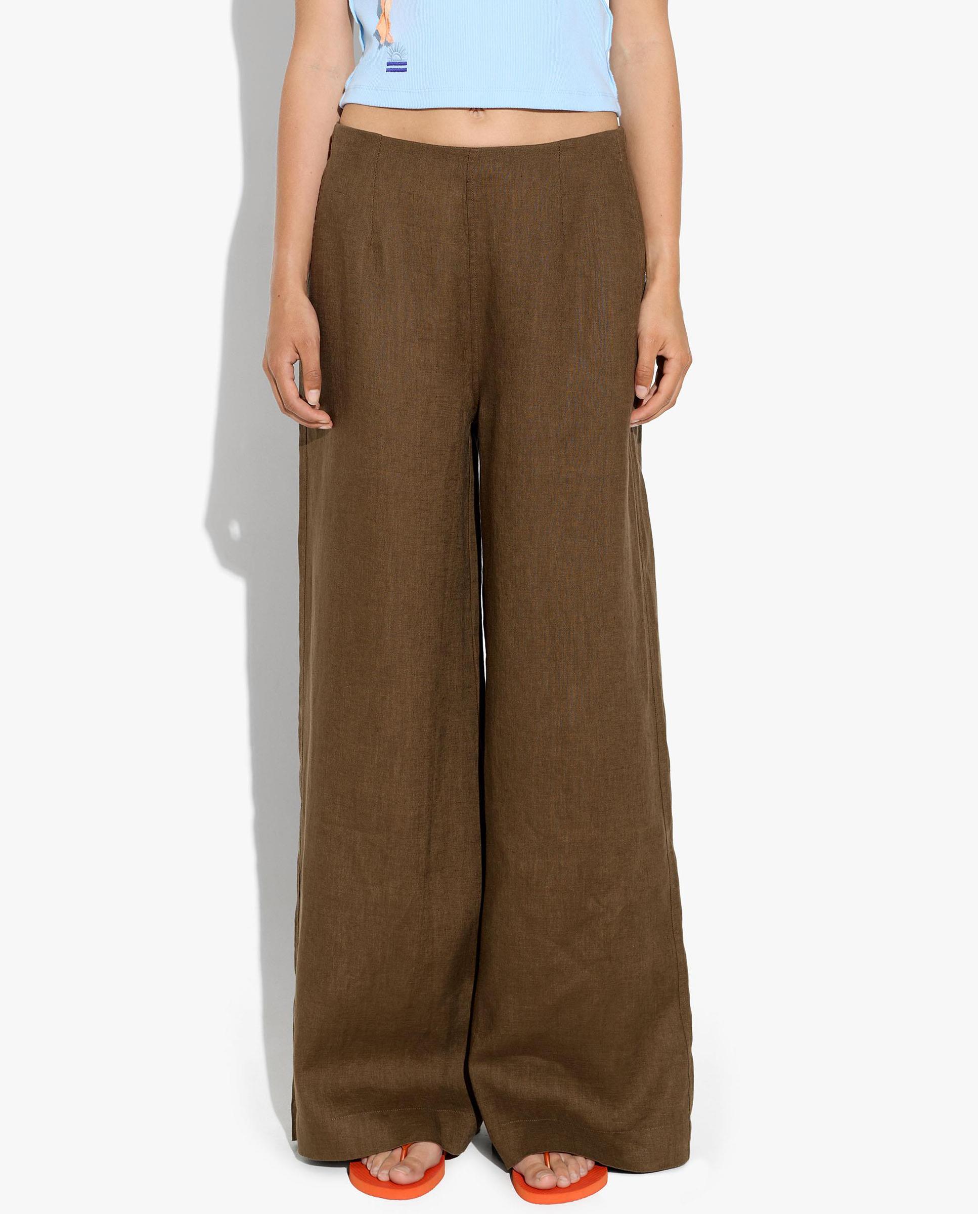 Pantalones anchos de mujer 100% lino con cintura elástica en liso - Parfois - Marrón oscuro Marrón oscuro-2