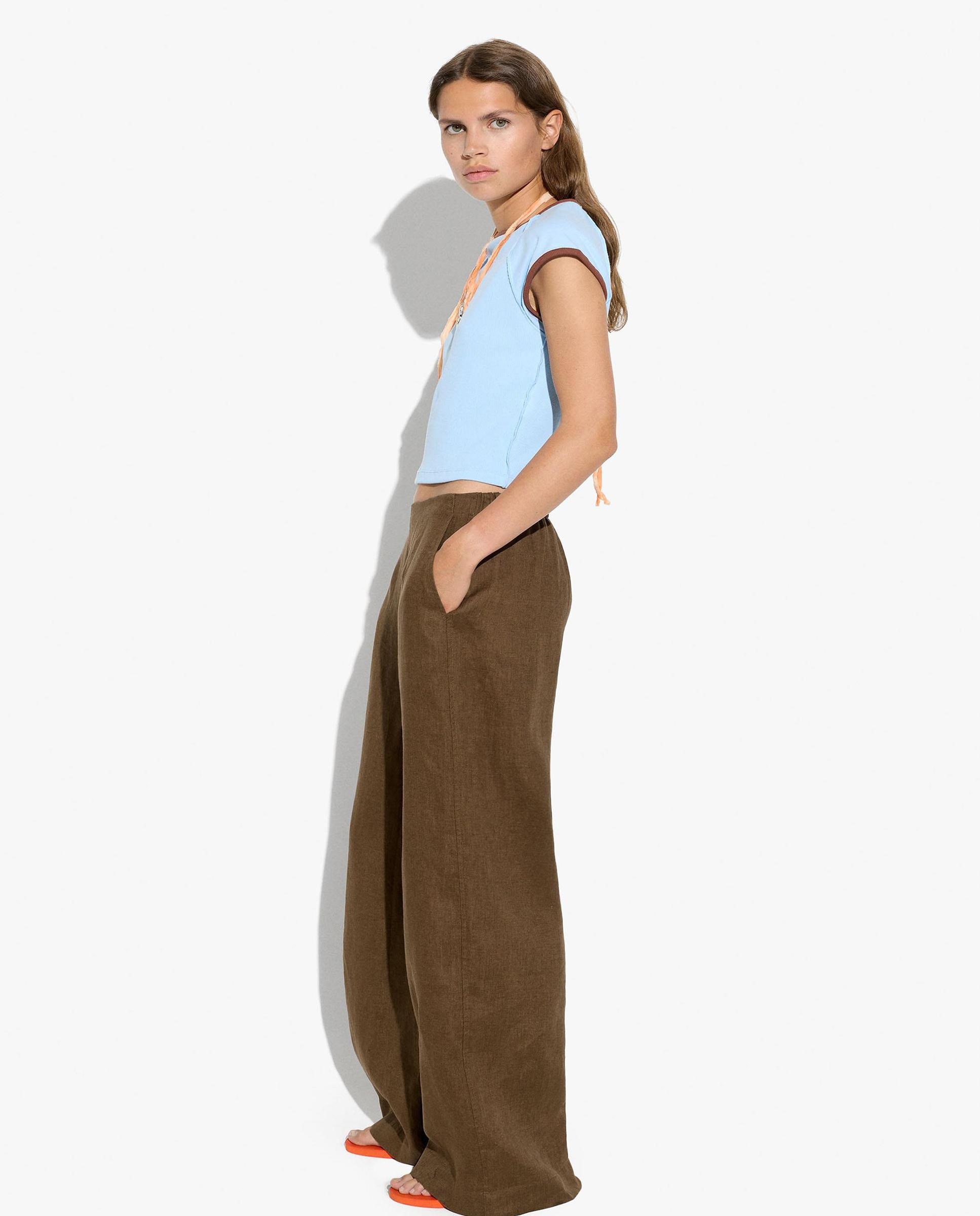 Pantalones anchos de mujer 100% lino con cintura elástica en liso - Parfois - Marrón oscuro Marrón oscuro-3