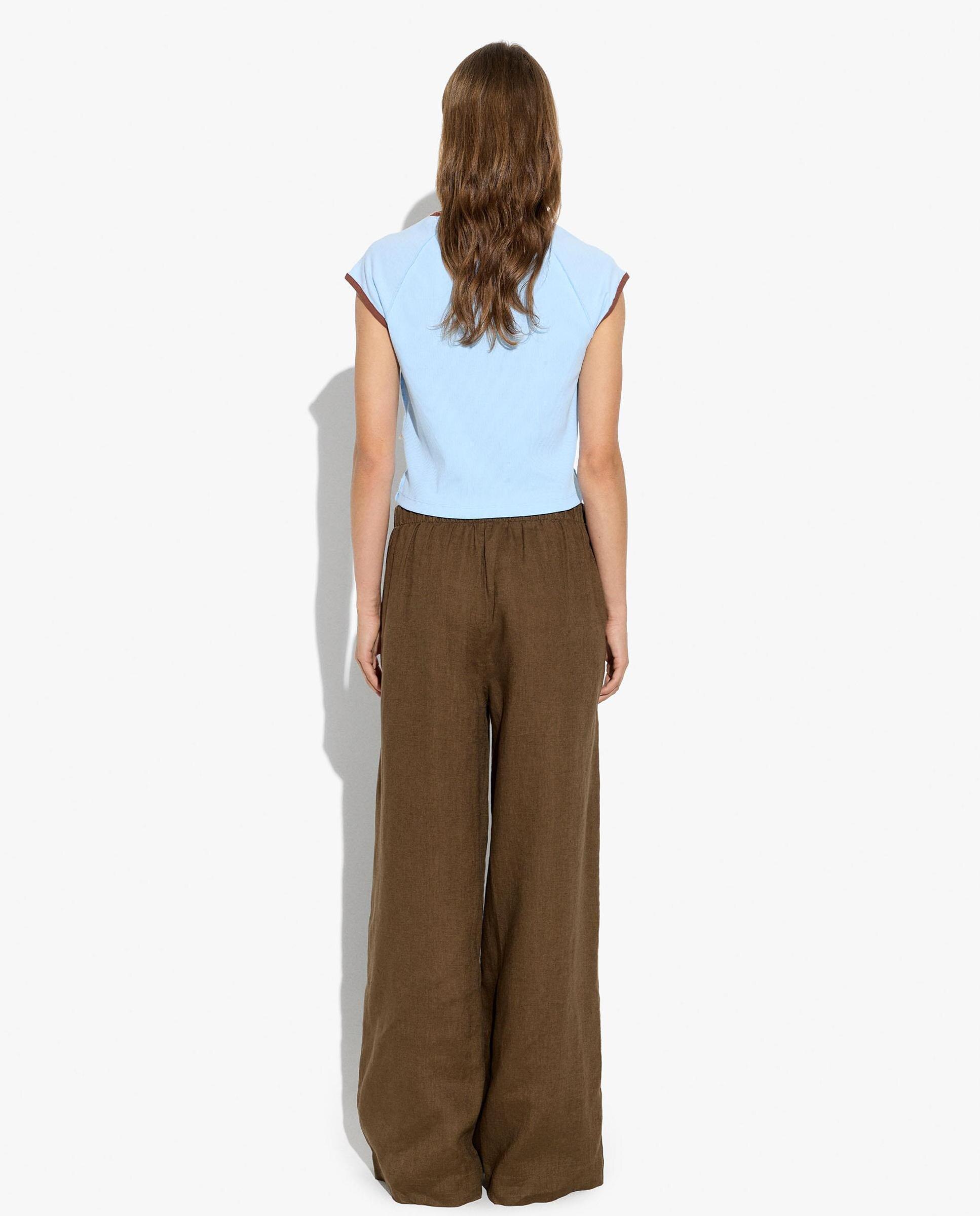 Pantalones anchos de mujer 100% lino con cintura elástica en liso - Parfois - Marrón oscuro Marrón oscuro-4