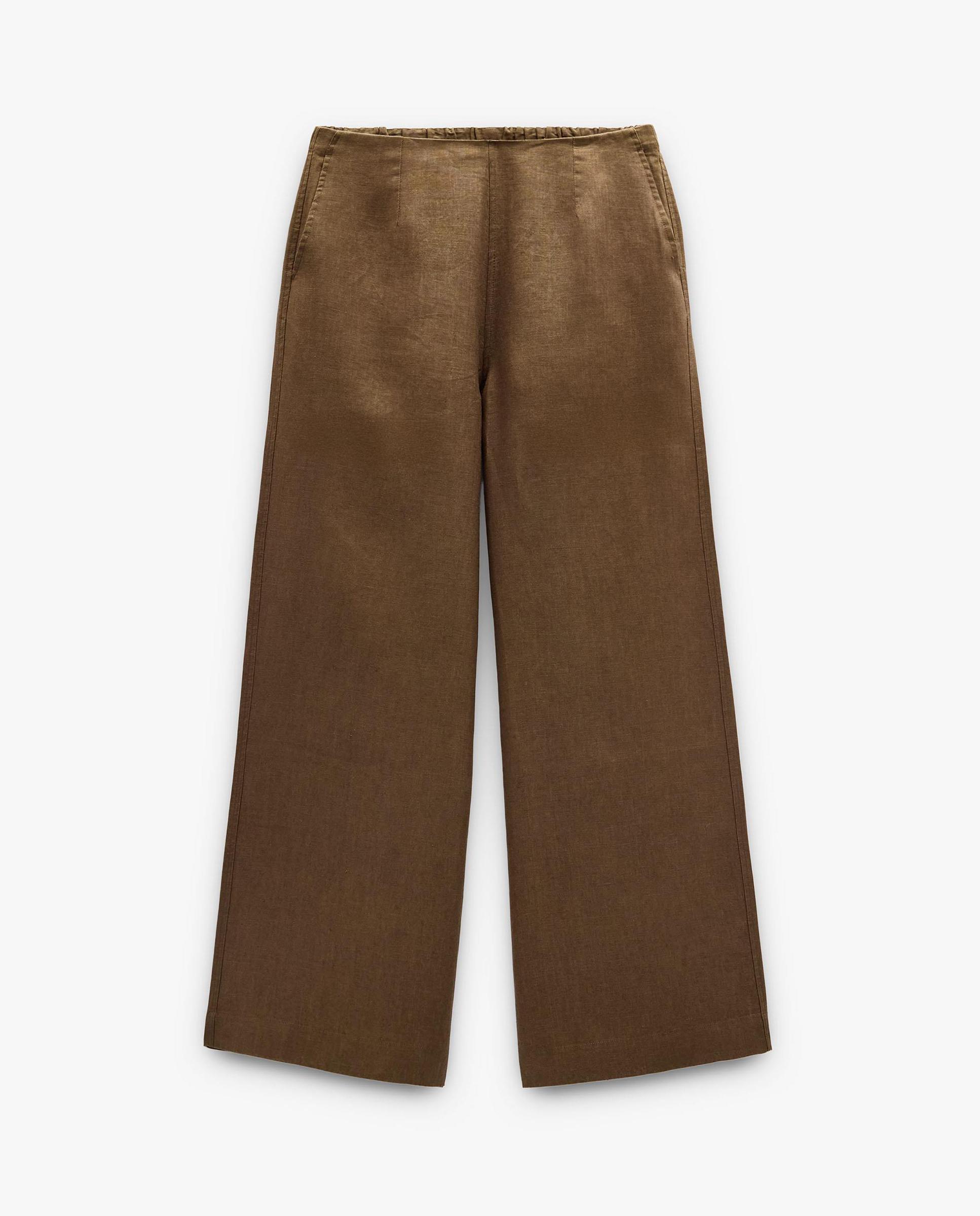 Pantalones anchos de mujer 100% lino con cintura elástica en liso - Parfois - Marrón oscuro Marrón oscuro-6