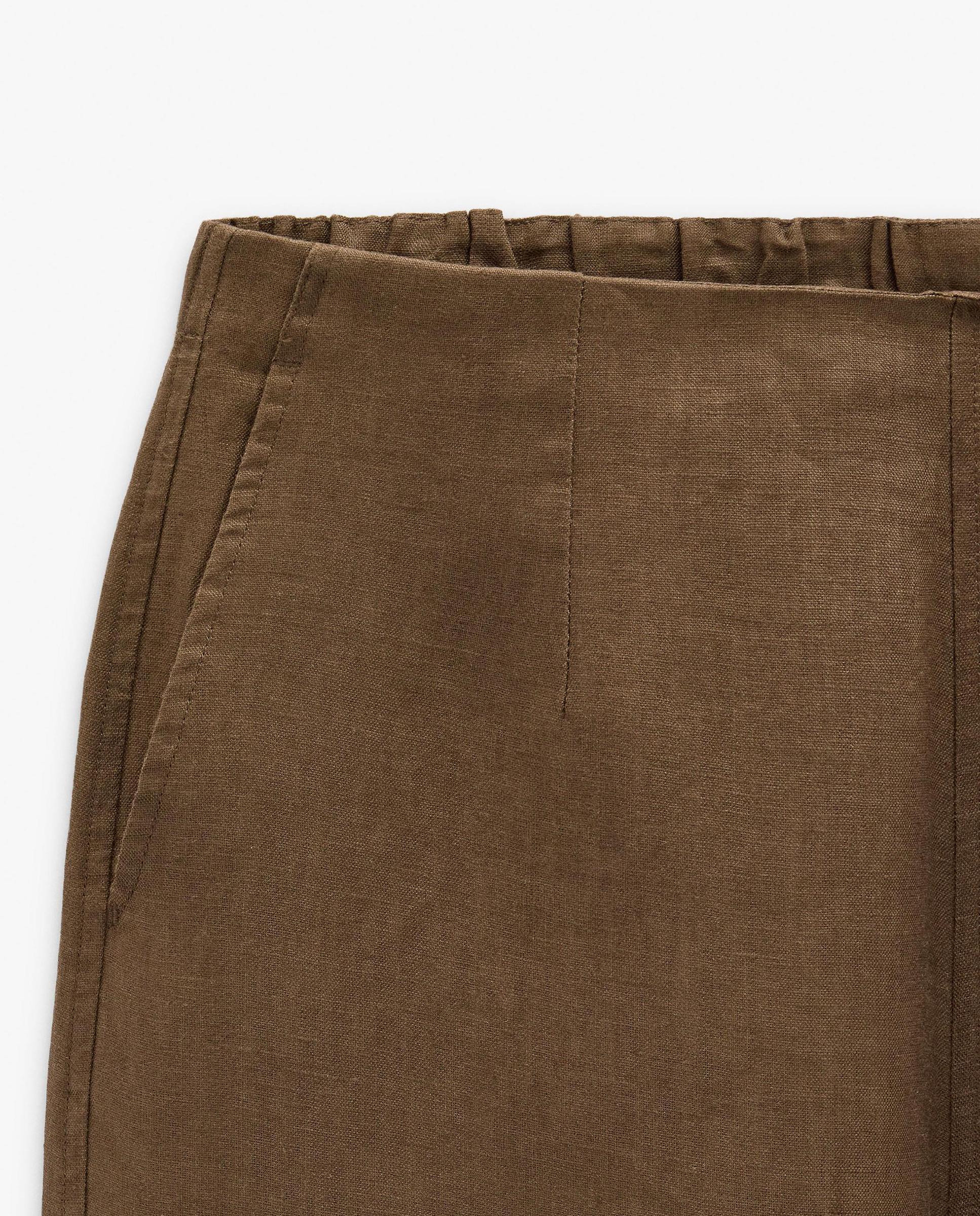 Pantalones anchos de mujer 100% lino con cintura elástica en liso - Parfois - Marrón oscuro Marrón oscuro-5