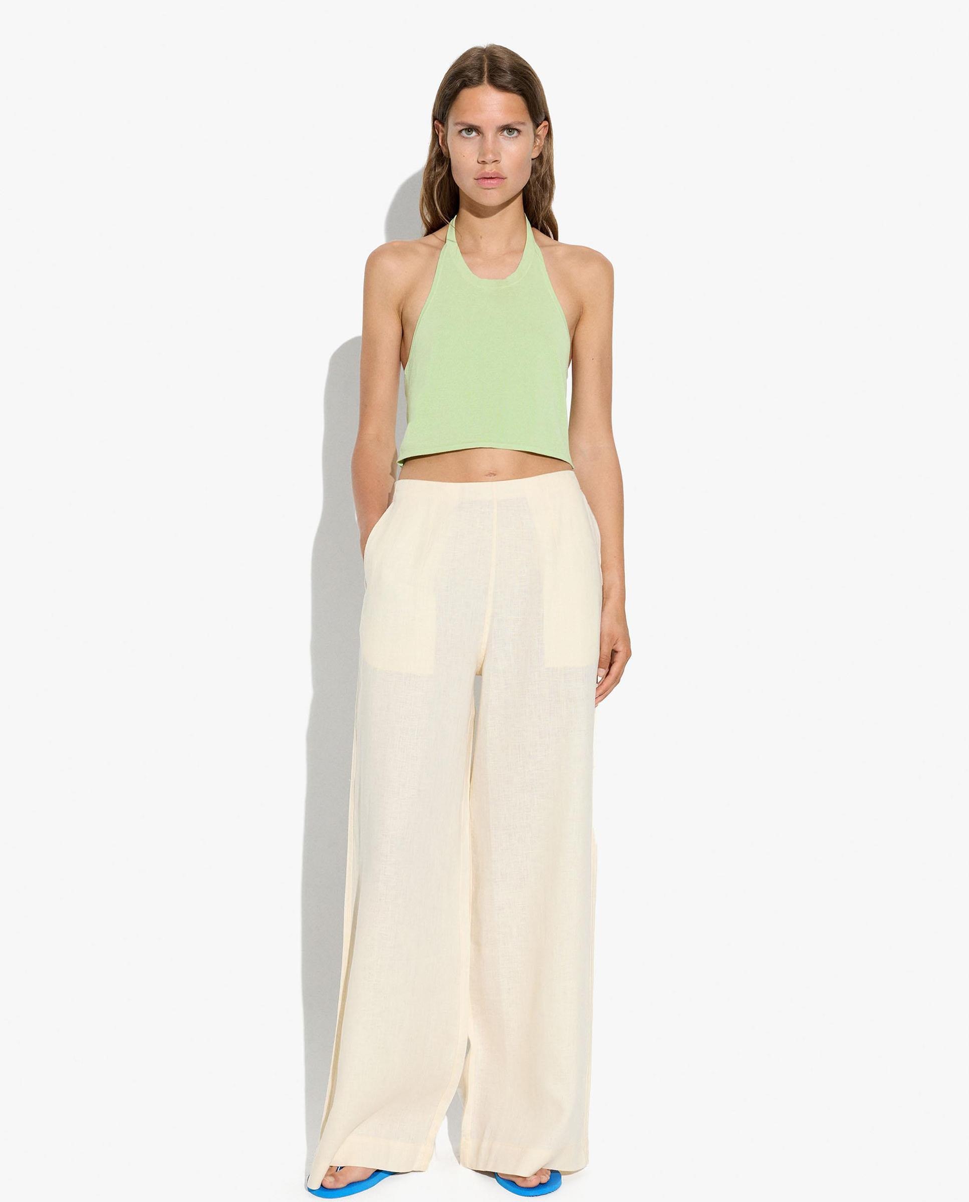Pantalones rectos de mujer 100% lino con cintura elástica - Parfois - Natural Natural-2