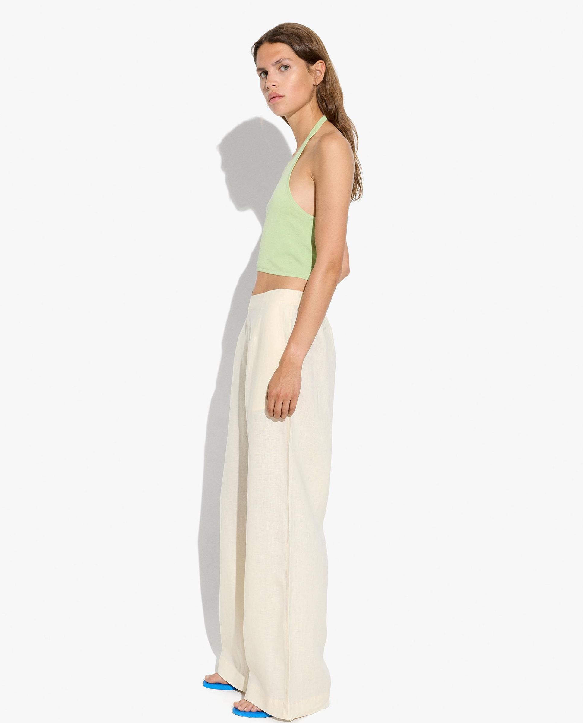 Pantalones rectos de mujer 100% lino con cintura elástica - Parfois - Natural Natural-4