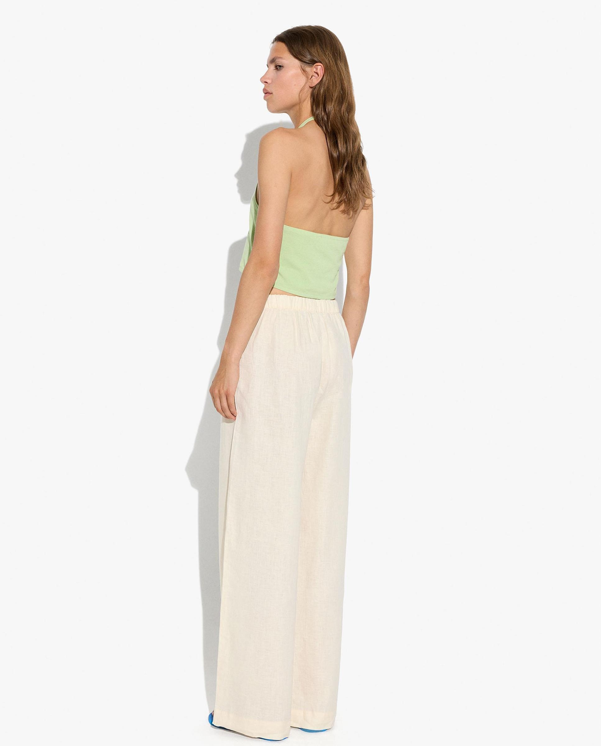 Pantalones rectos de mujer 100% lino con cintura elástica - Parfois - Natural Natural-5