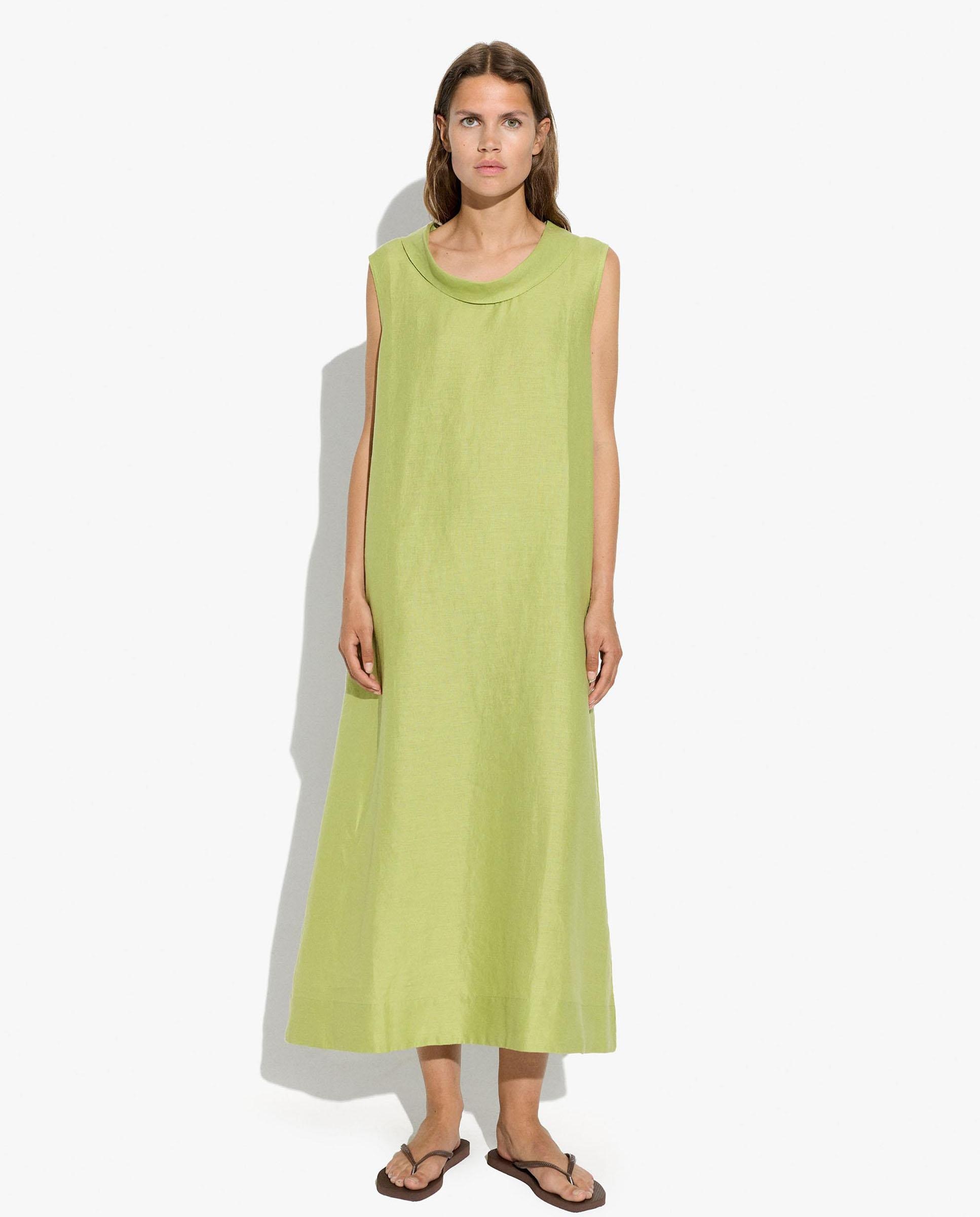 Vestido largo 100% lino con cuello drapeado - Parfois - Verde Verde-2
