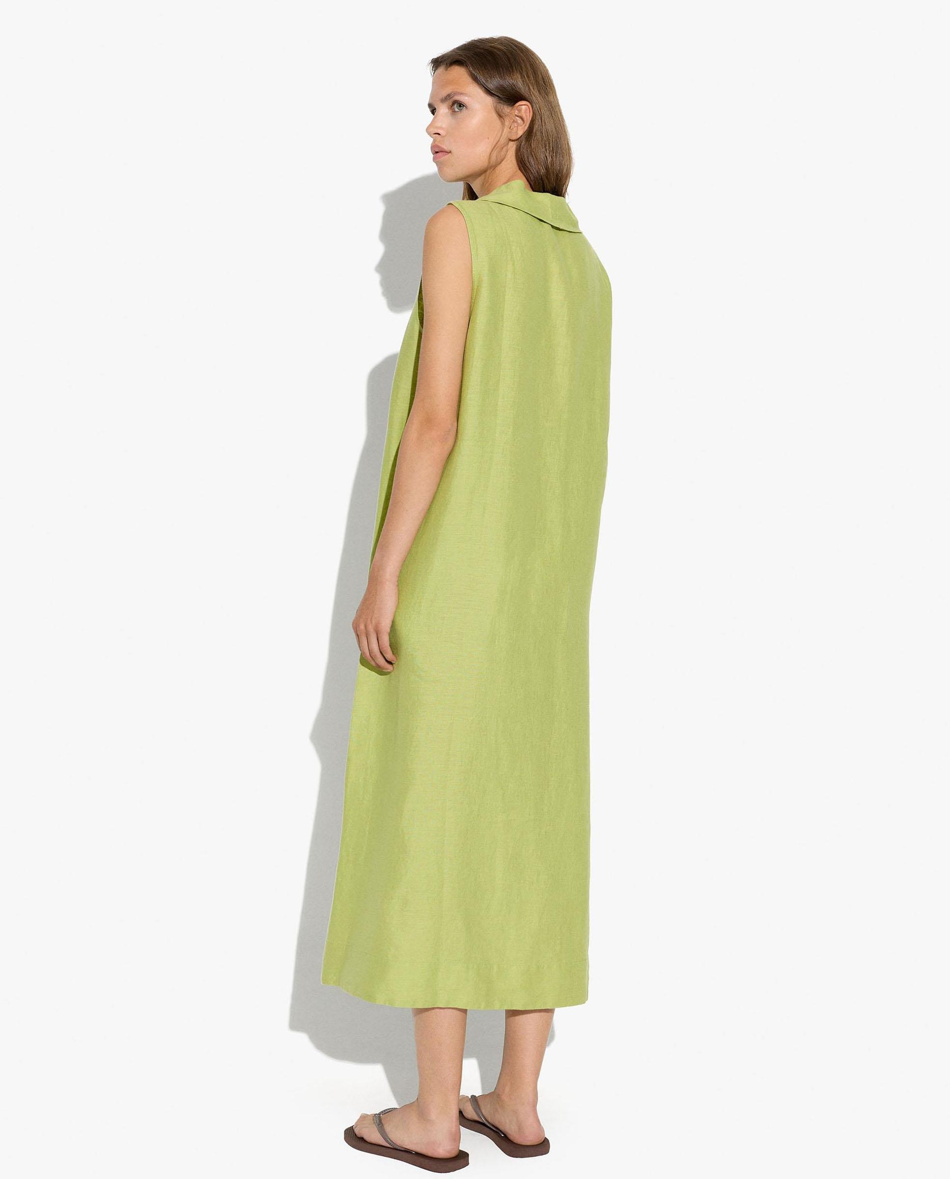 Vestido largo 100% lino con cuello drapeado - Parfois - Verde Verde-4