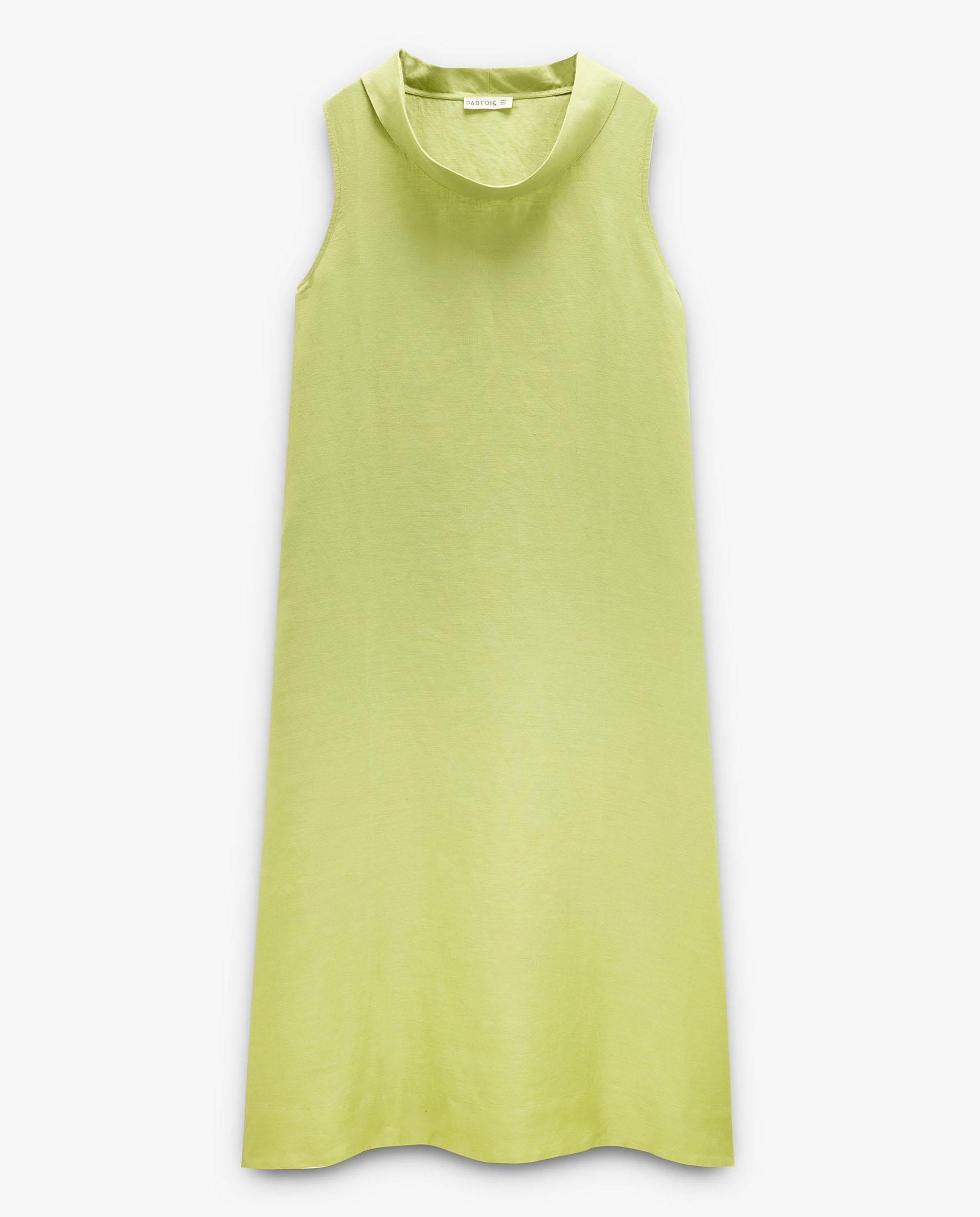 Vestido largo 100% lino con cuello drapeado - Parfois - Verde Verde-6
