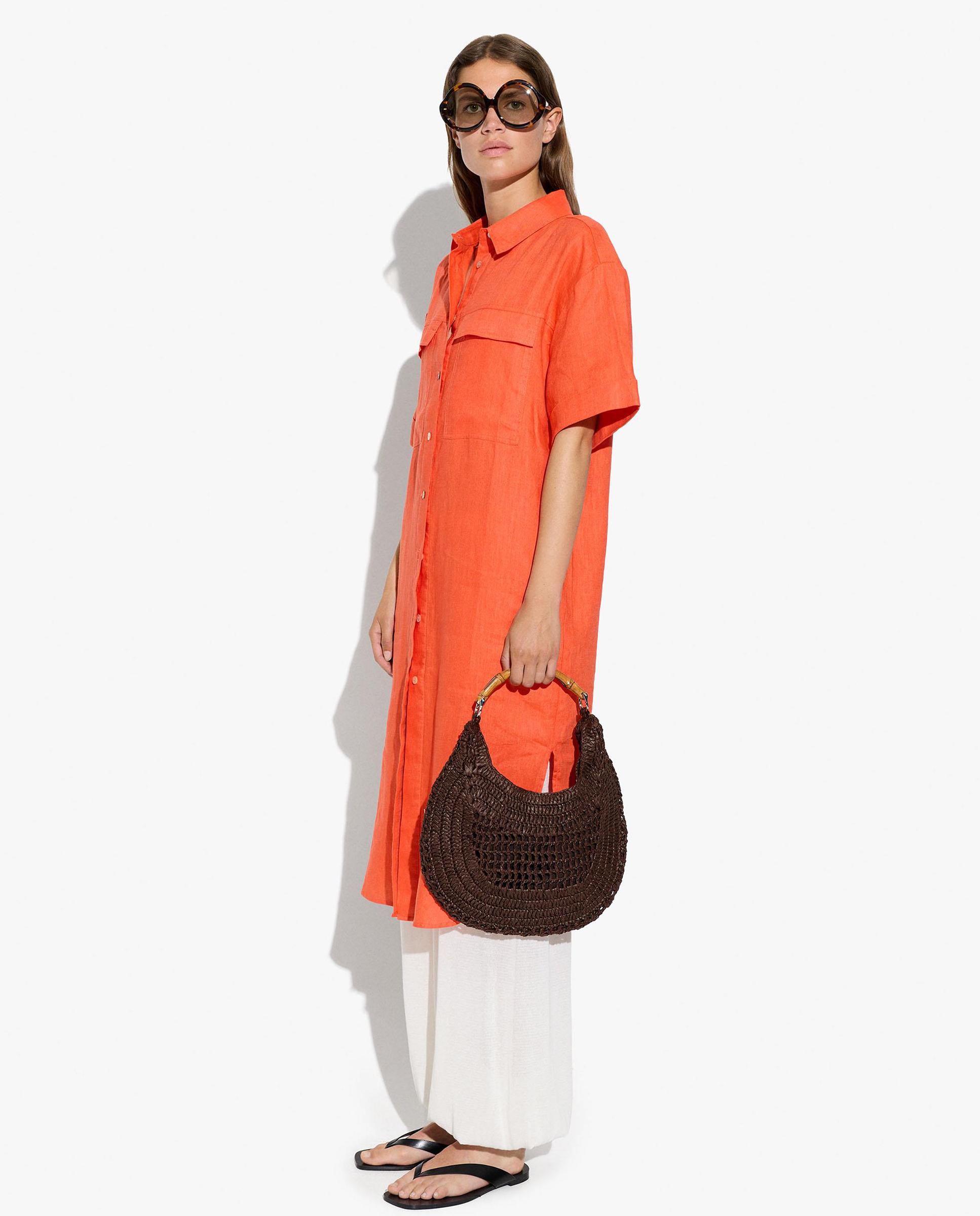 Parfois - Vestido midi 100% lino estilo camisero con cierre de botones en liso.