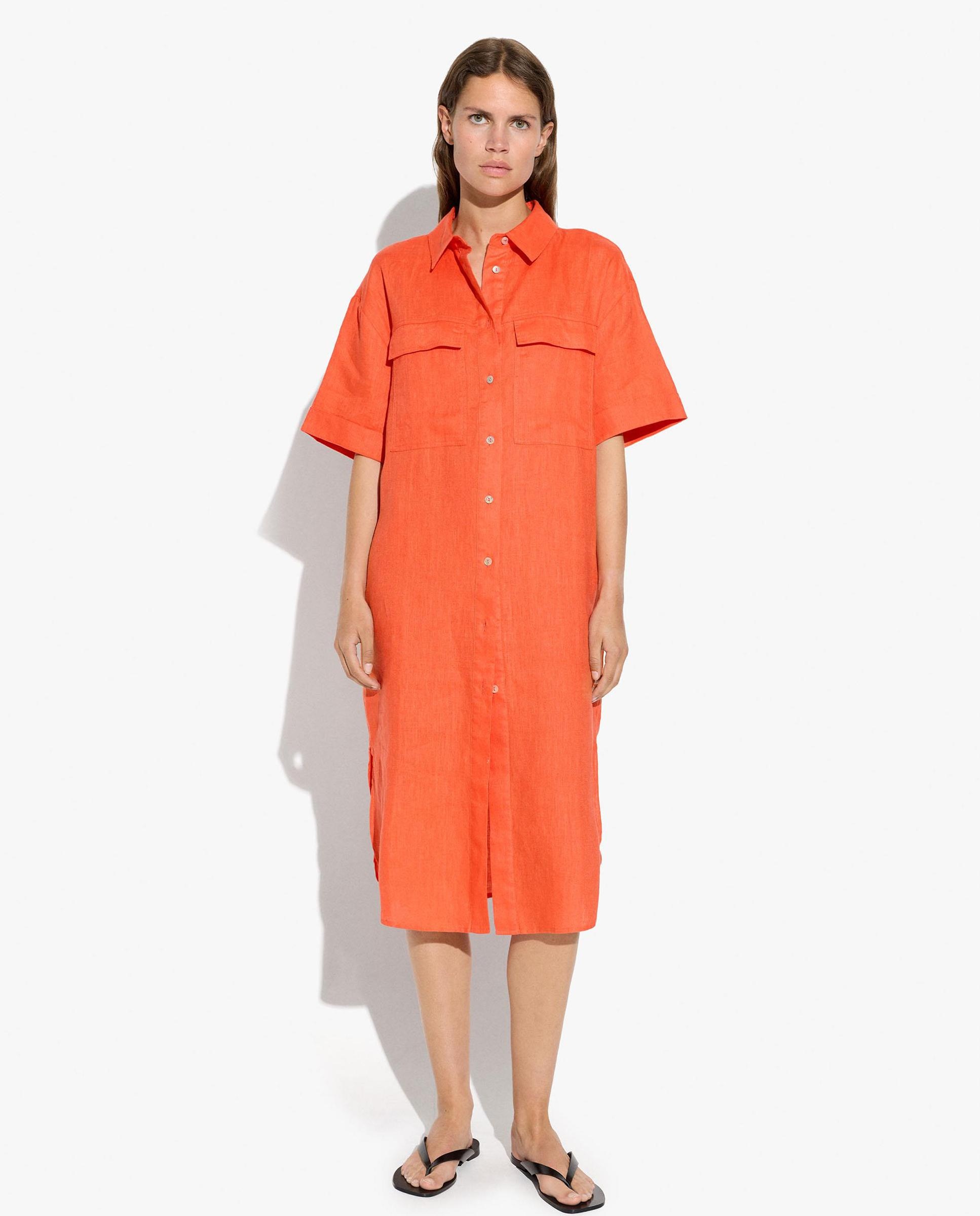Vestido midi 100% lino estilo camisero con cierre de botones en liso - Parfois - Naranja Naranja-2